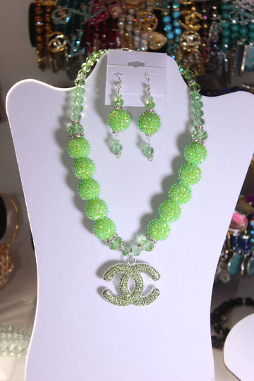 Green & Silver Rhinestone Charm Necklace & Earrings Set