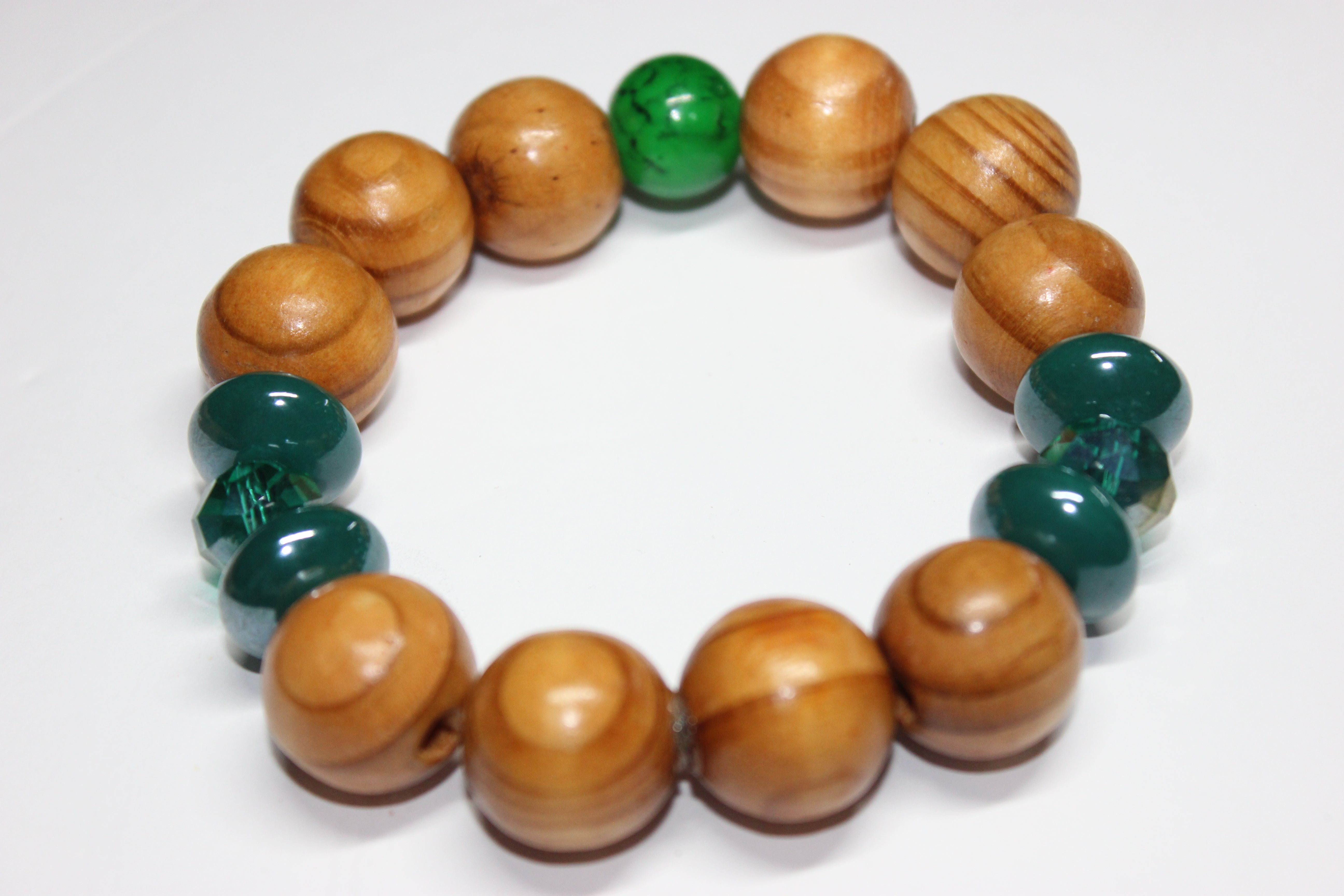 Wood & Green Beaded Bracelet