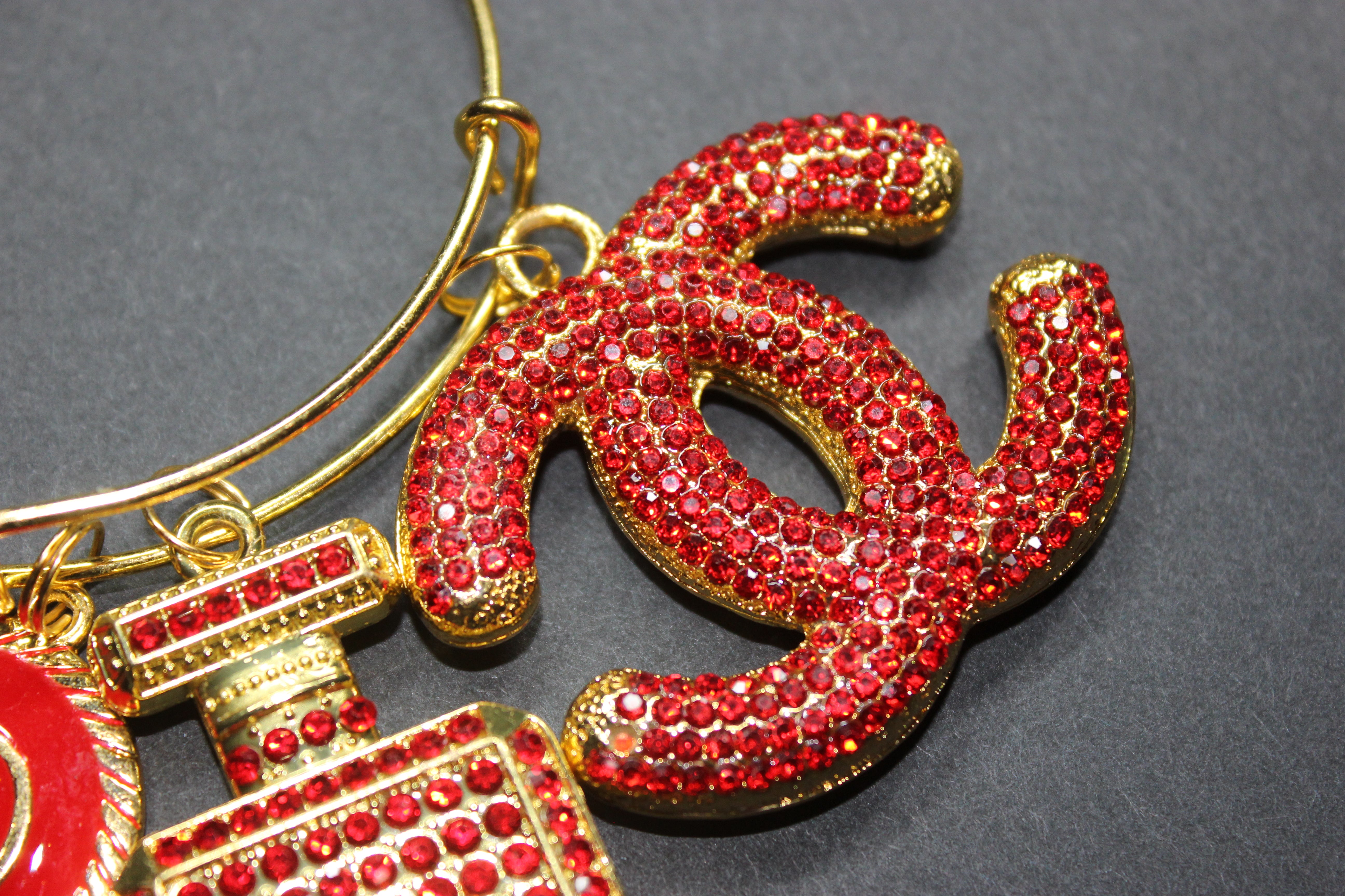 Red & Gold Rhinestone Charm Bangle Bracelet