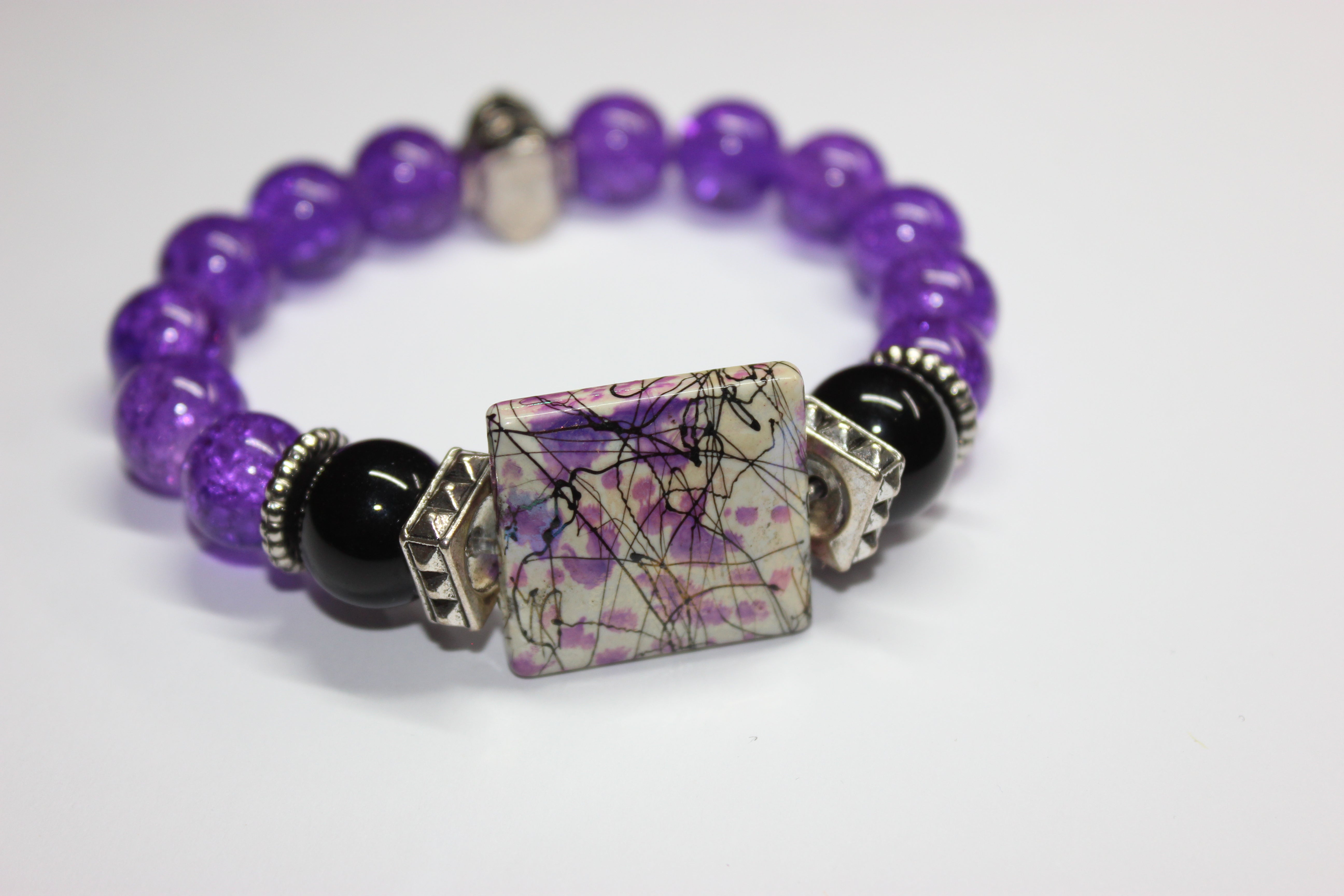 Purple Black & White w/ Silver Beaded Bracelet