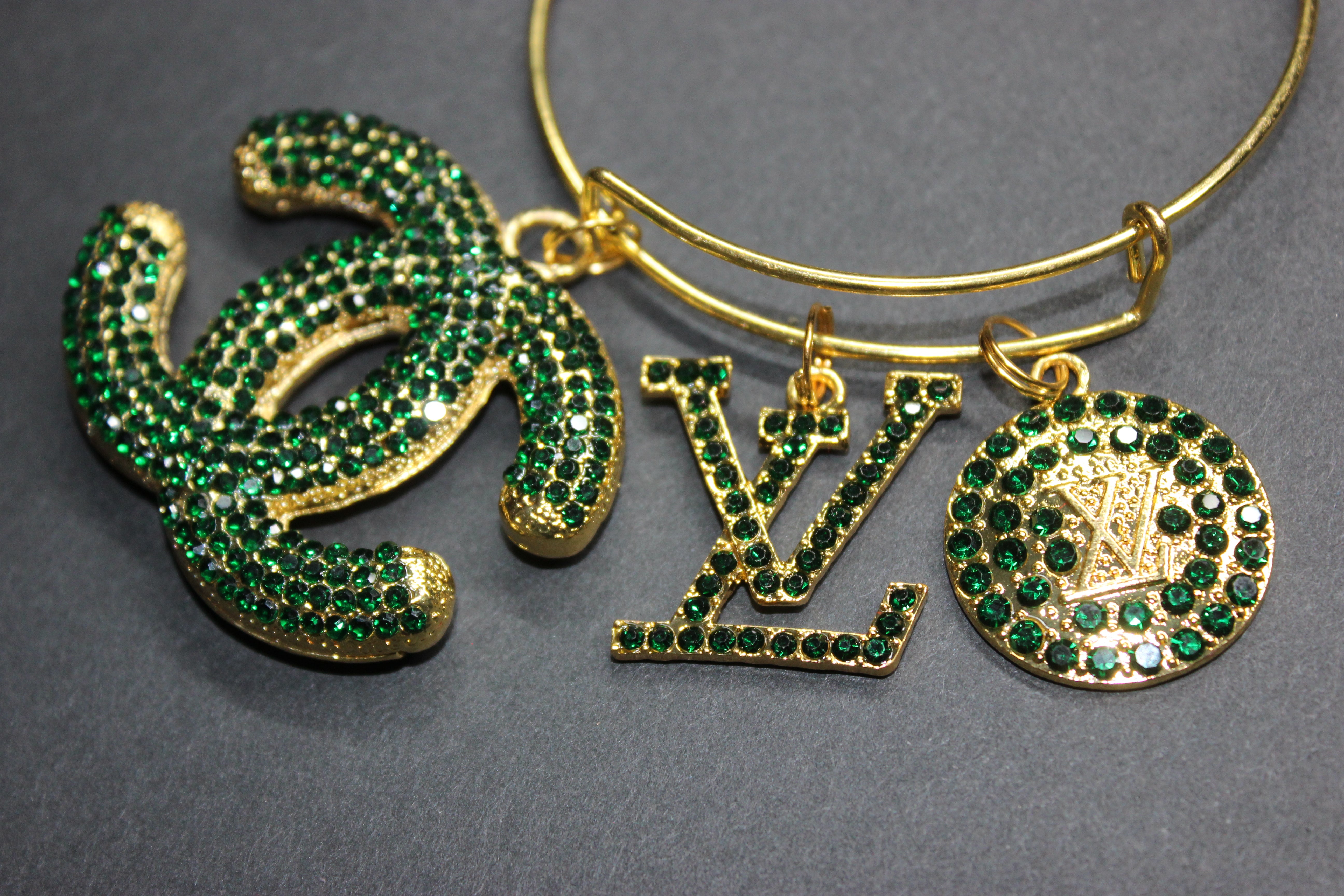 Hunter Green & Gold Rhinestone Charm Bangle