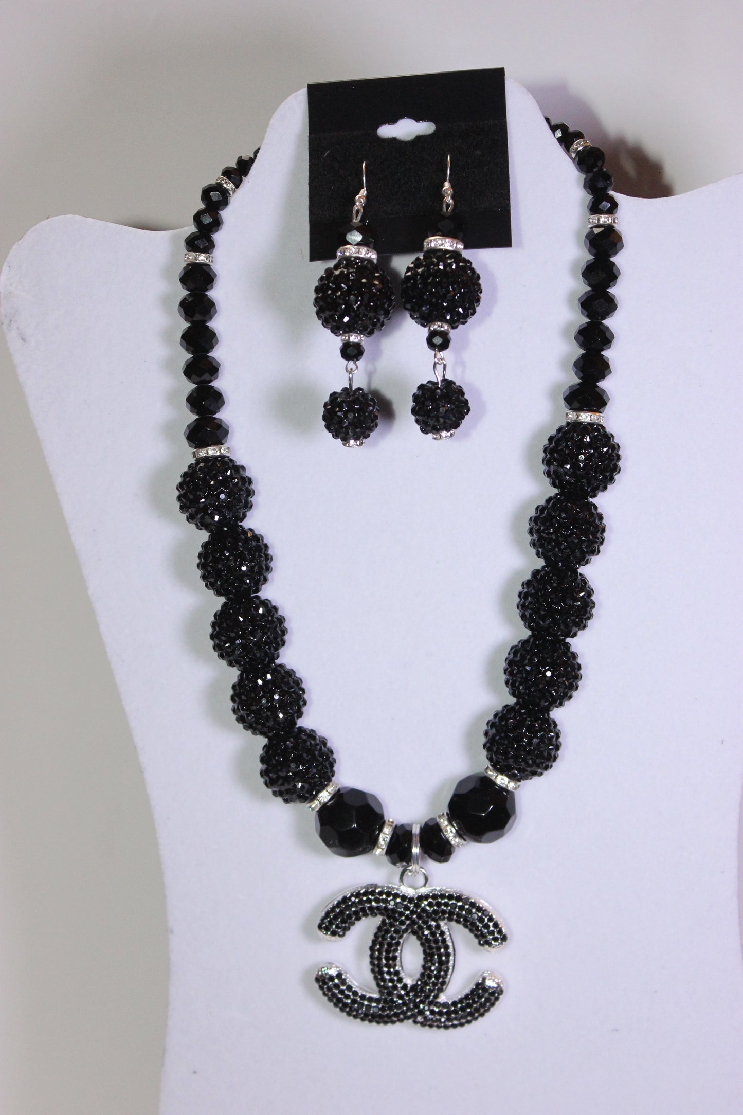 Black & Silver Rhinestone Charm Necklace & Earrings Set