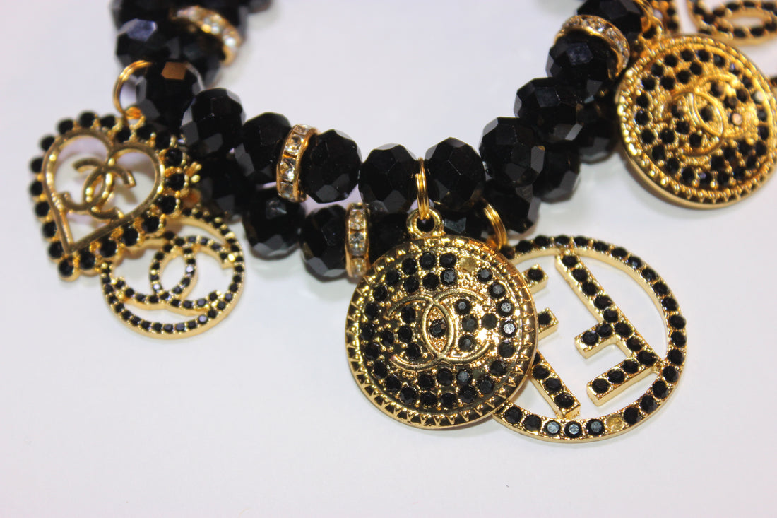 Black & Gold 2 Piece Crystal Charm Bracelet Set