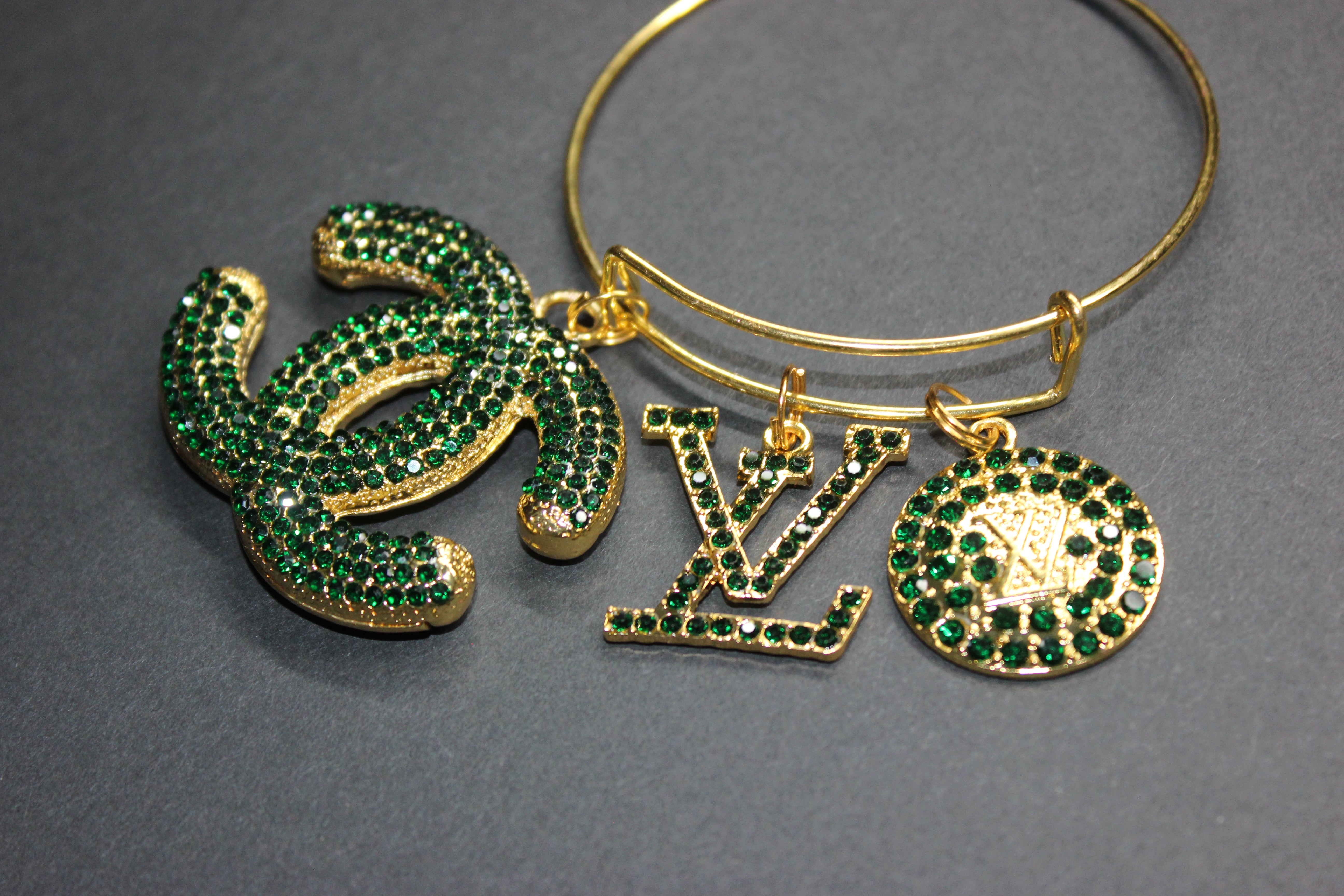 Hunter Green & Gold Rhinestone Charm Bangle