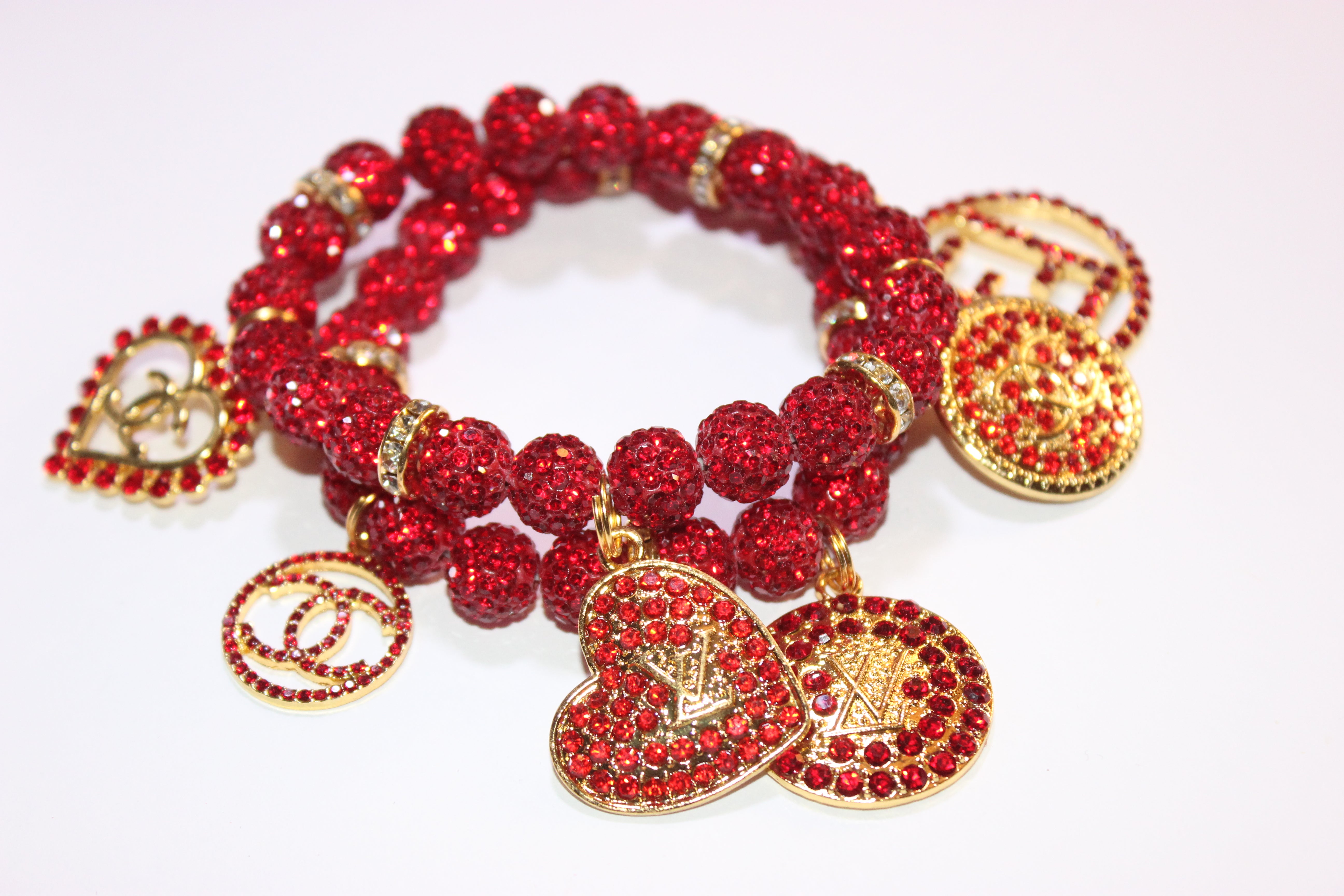 Red & Gold 2 Piece Rhinestone Charm Bracelet Set