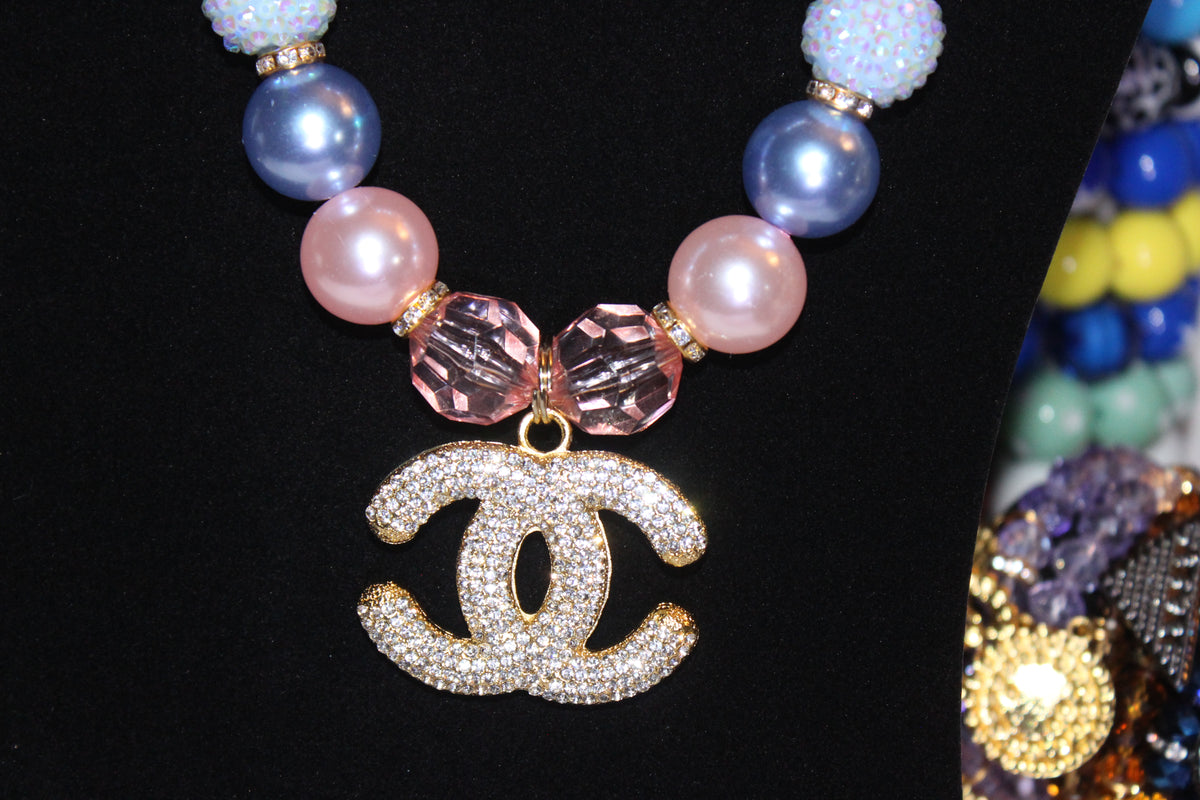Shades Of Pink & Blue Pearl & Rhinestone Charm Necklace & Earrings Set (GOLD)