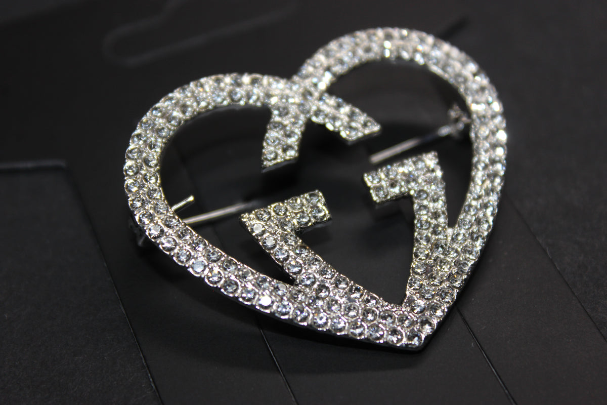 Silver Rhinestone Heart Brooch Pin