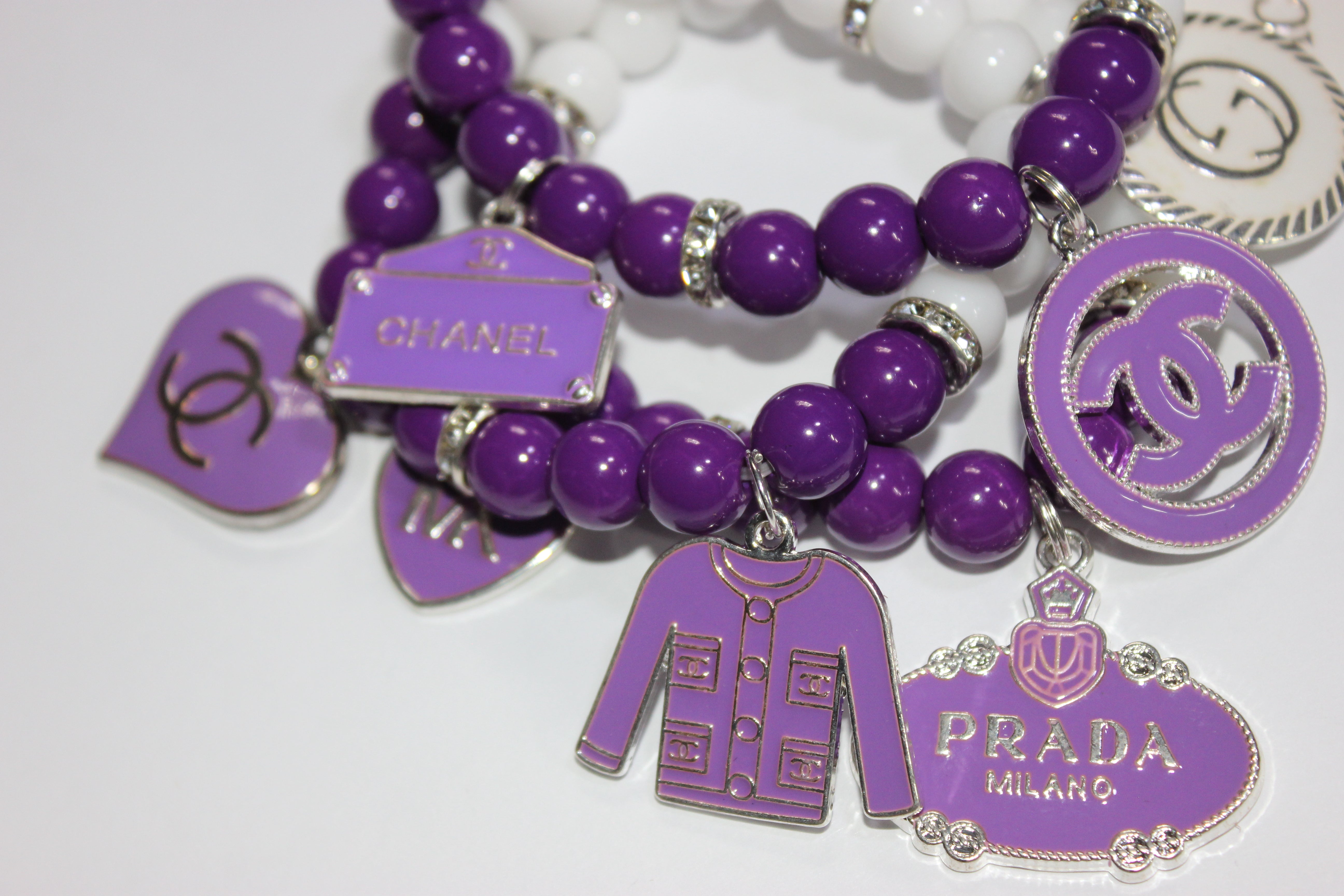 Purple & White w/ Silver 3 Piece Beaded Charm Bracelet Set