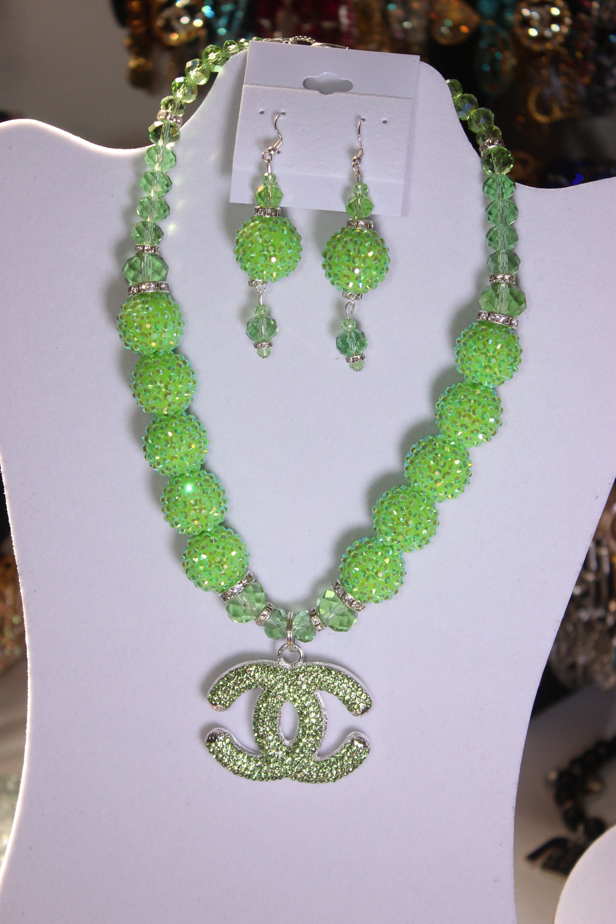 Green & Silver Rhinestone Charm Necklace & Earrings Set