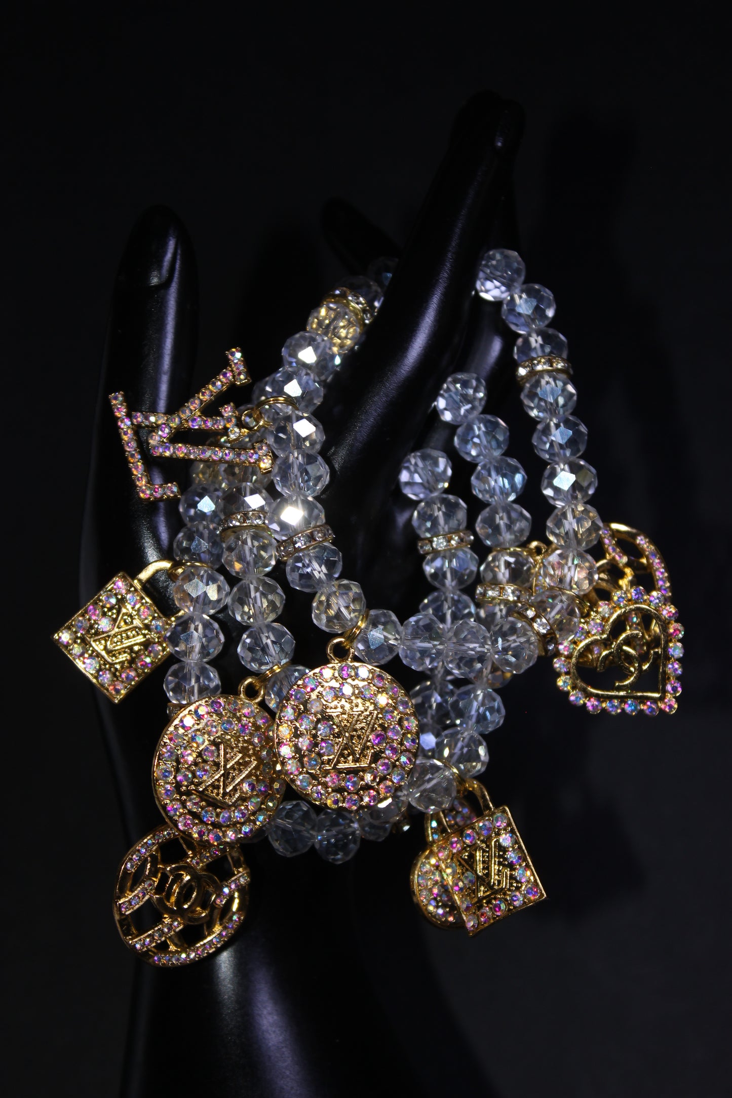 Iridescent & Gold 3 Piece Crystal Charm Bracelet Set