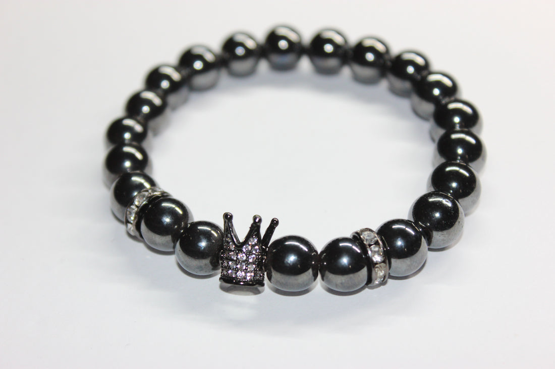 Hematite 10mm Beaded Bracelet W/ Crown Charm