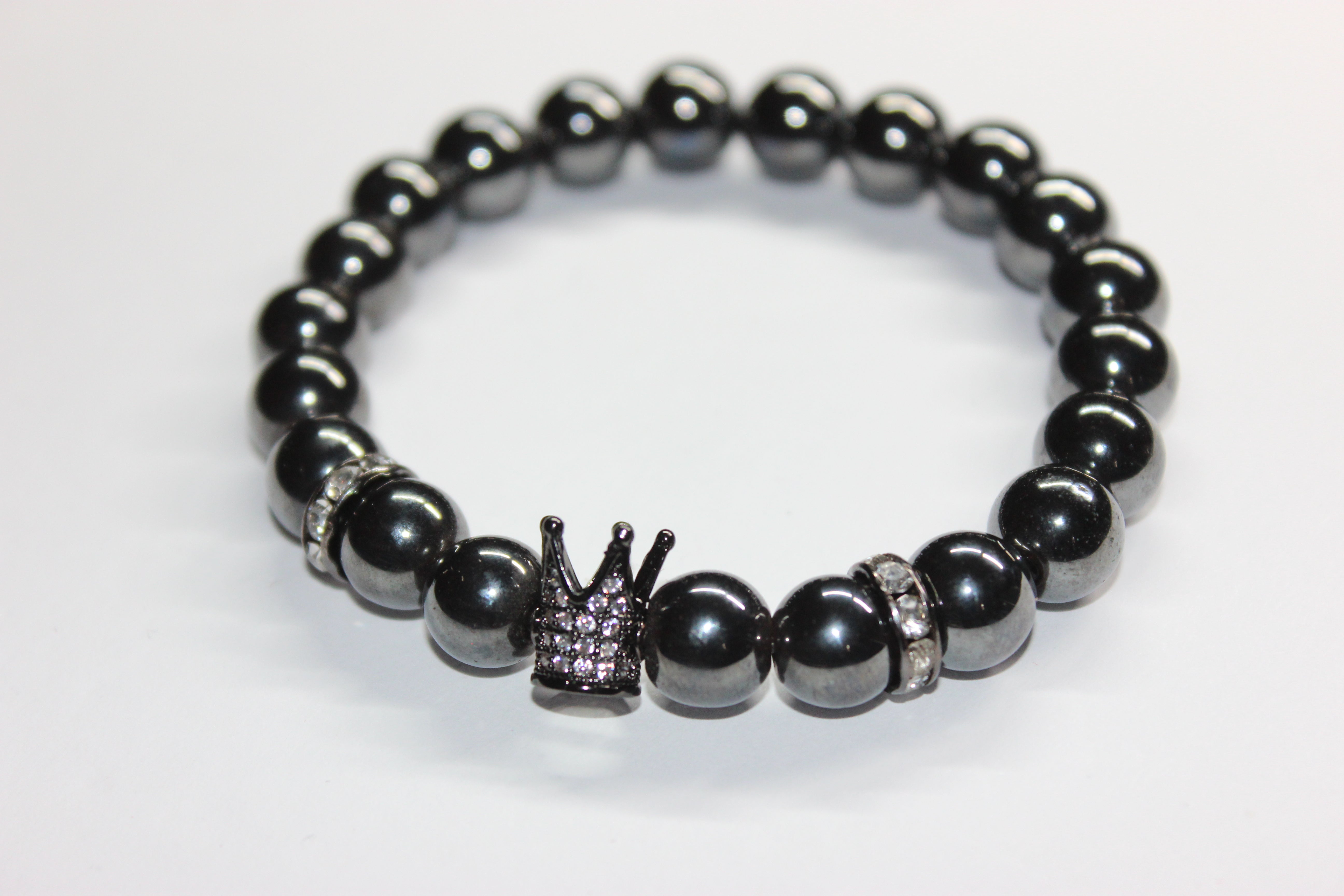Hematite 10mm Beaded Bracelet W/ Crown Charm