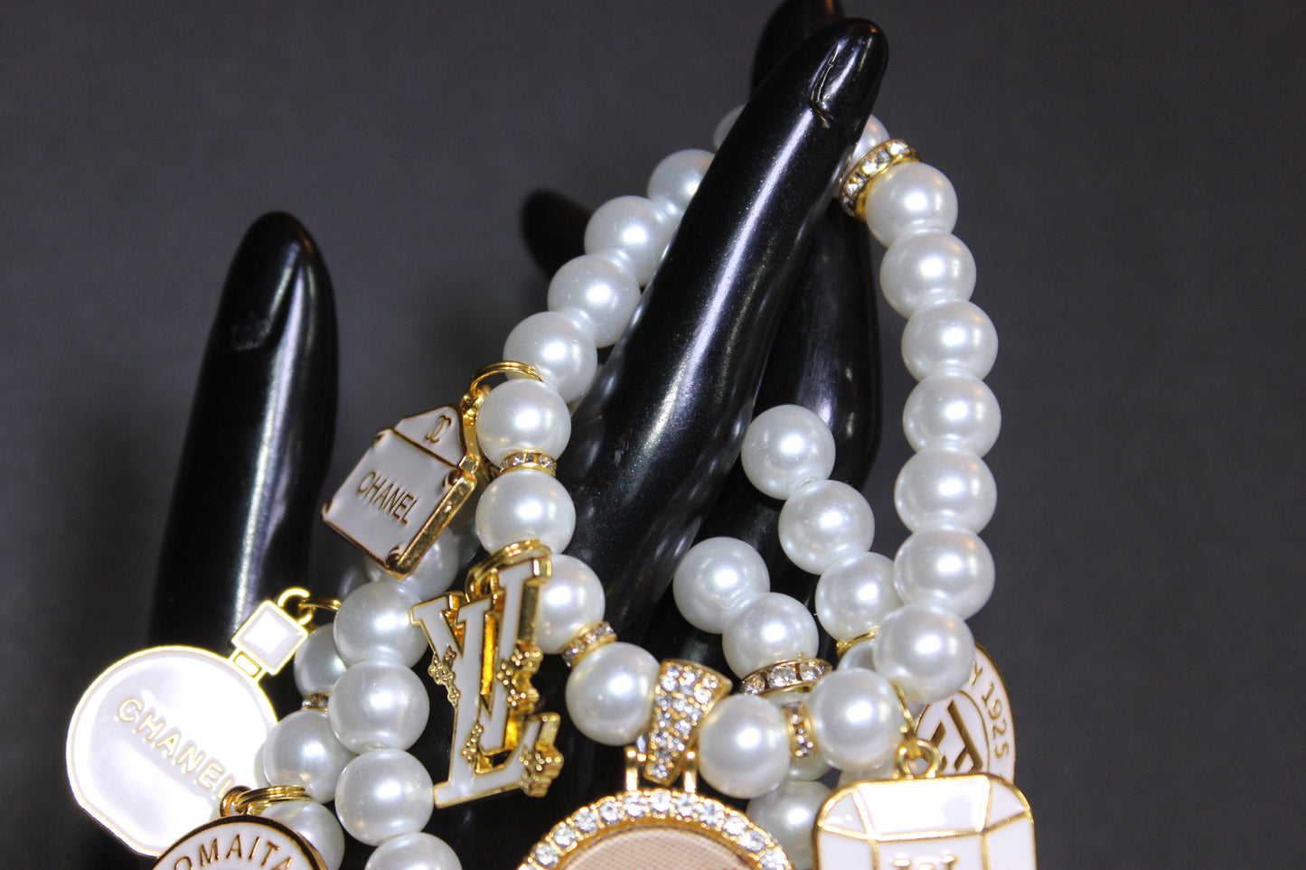 3 Piece White & Gold Pearl Luxury Charm Bracelet Set