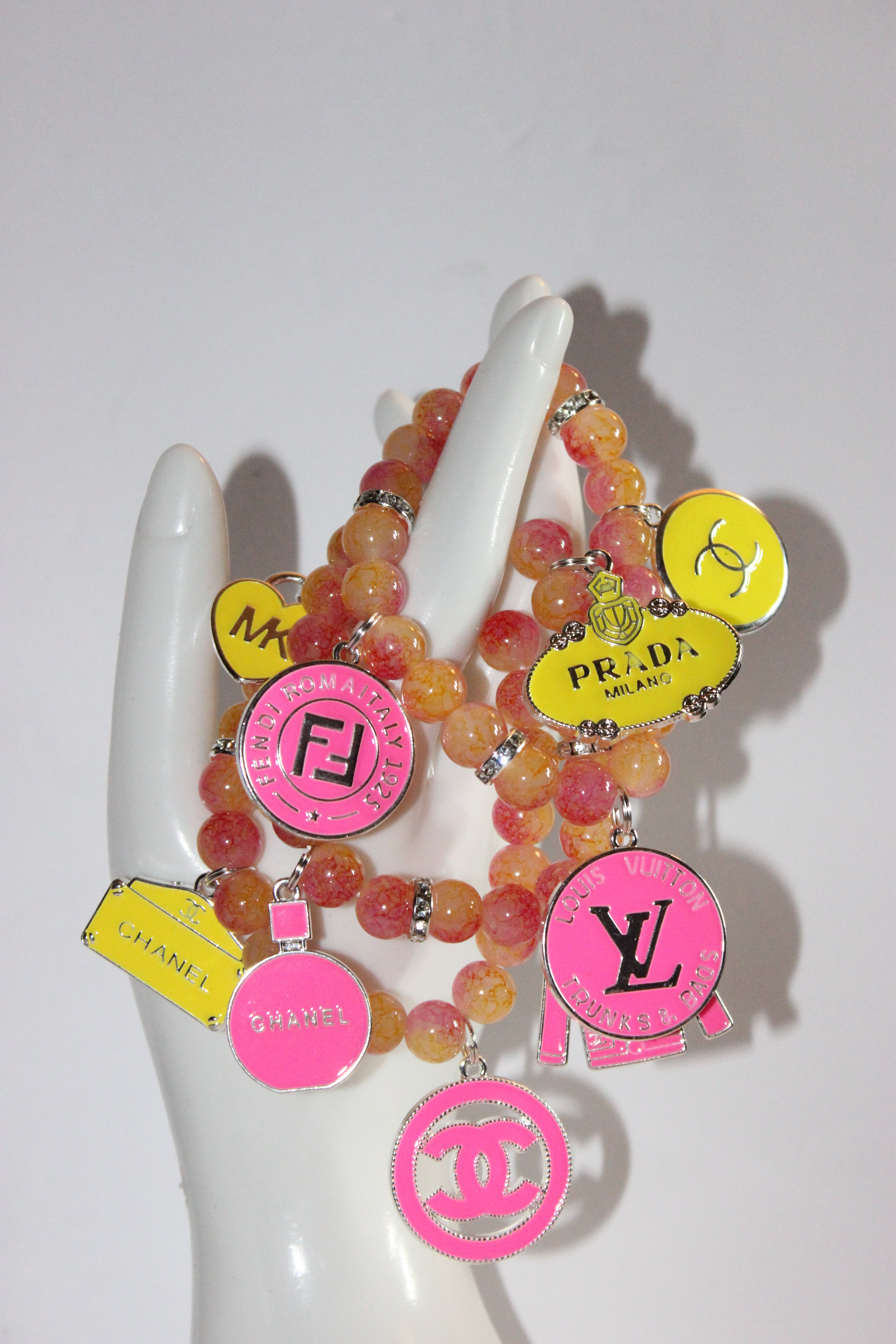 3 Piece Pink Yellow with Silver Charm Bracelet Set