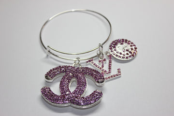 Purple & Silver Rhinestone Charm Bangle