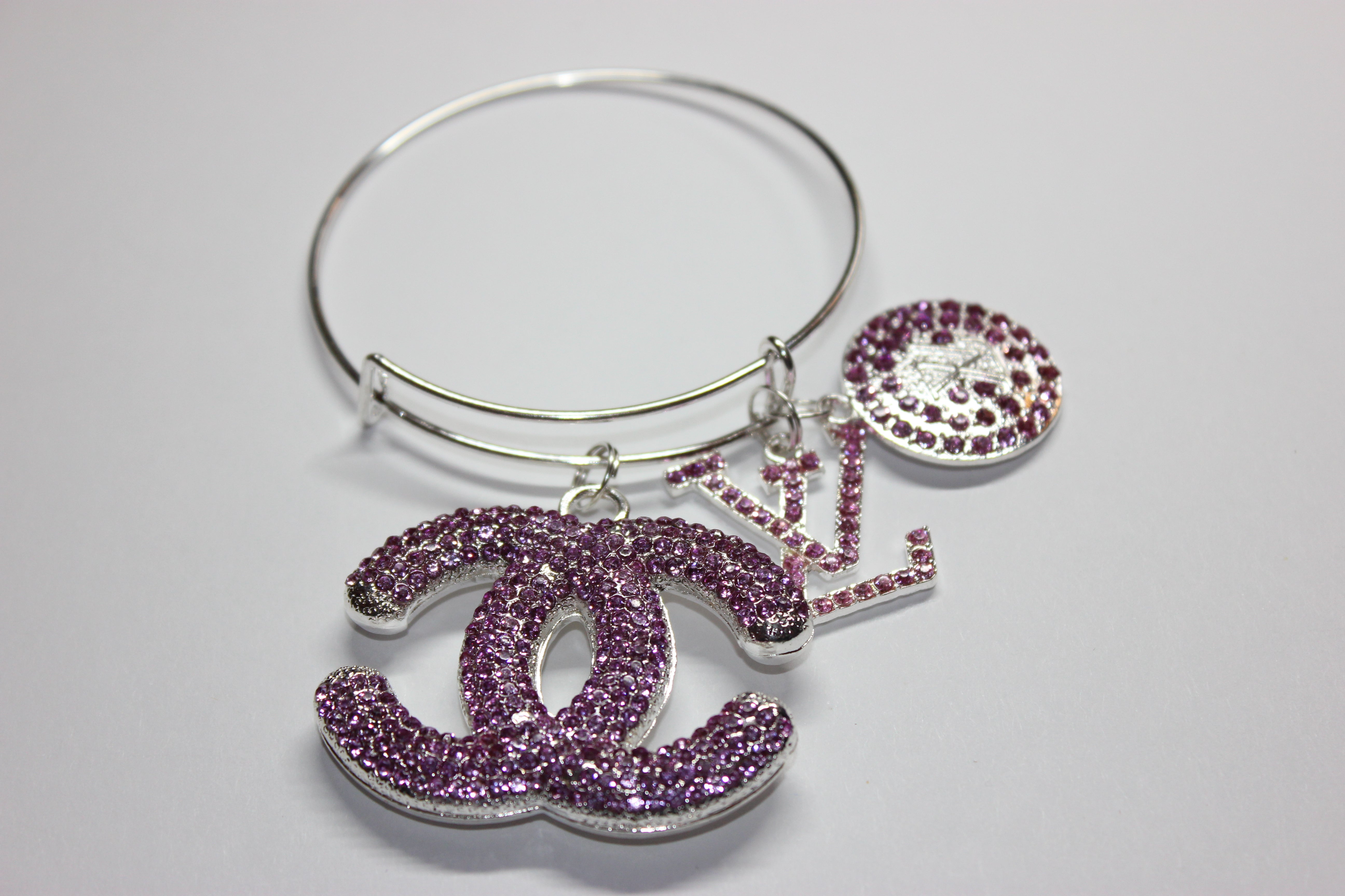 Purple & Silver Rhinestone Charm Bangle