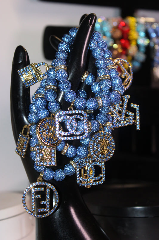 4 Piece Light Blue & Gold Rhinestone Charm Bracelet Set