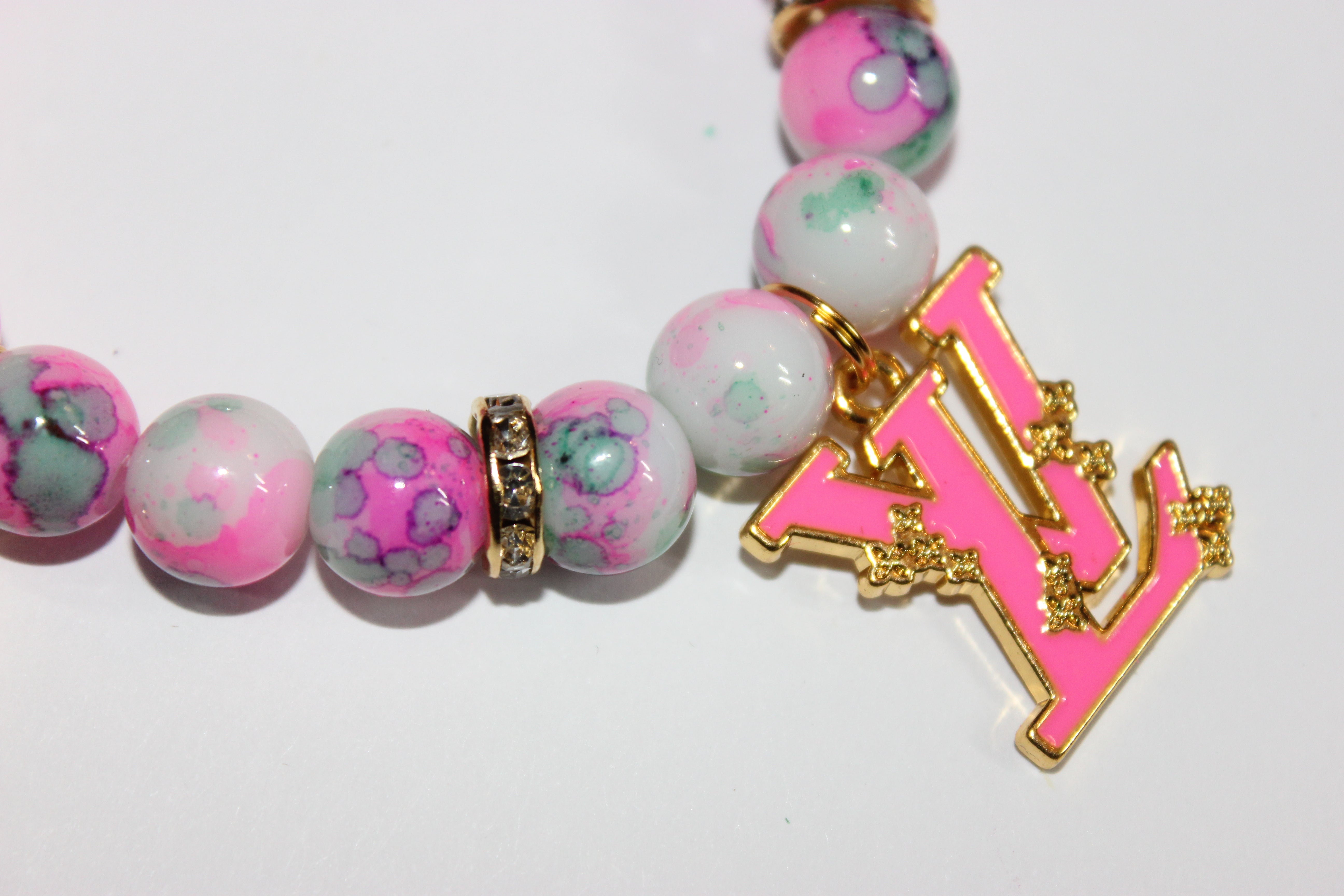 1 Pink Green White w/ Gold Charm Bracelet