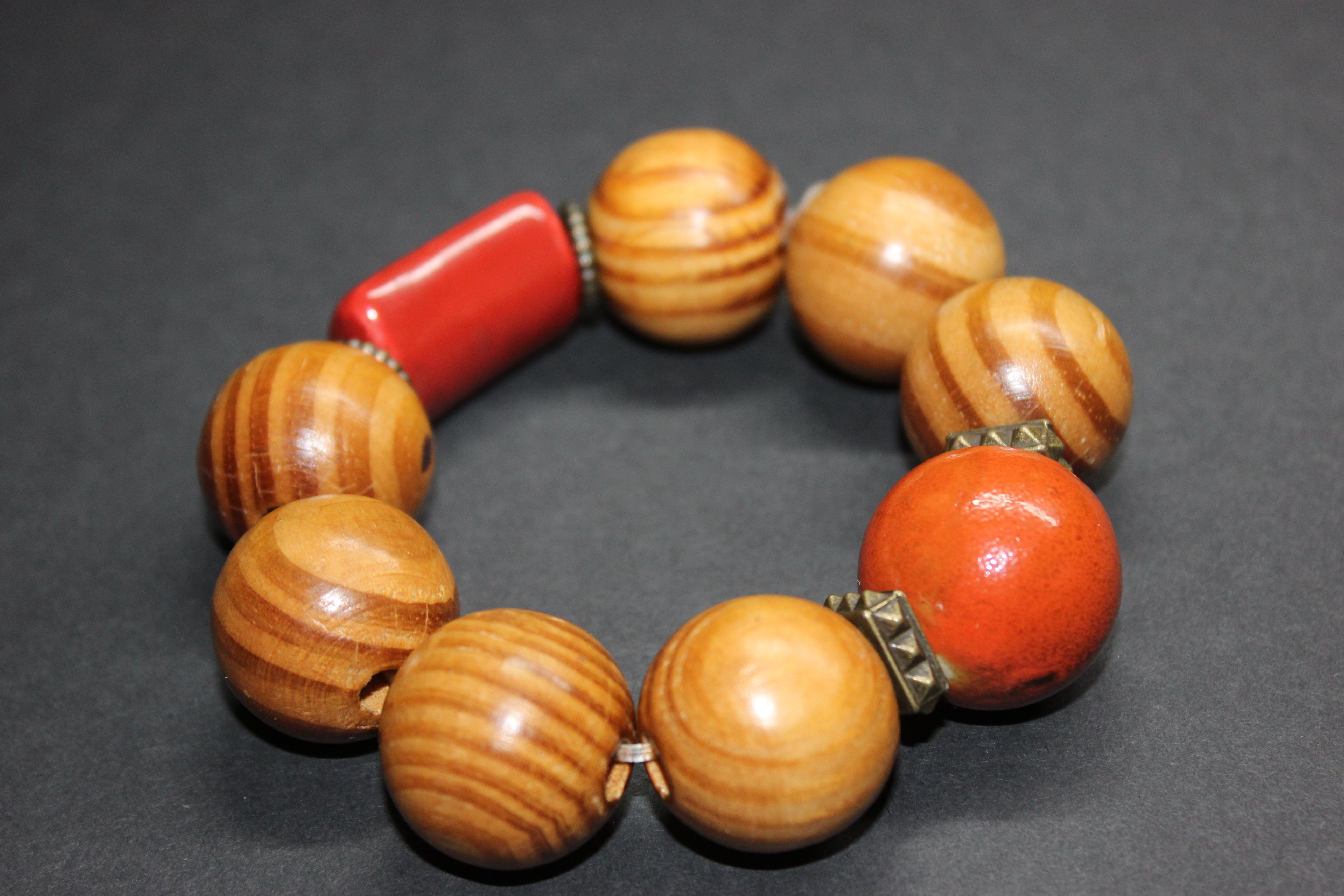 Large Wood & Orange Beaded Bracelet
