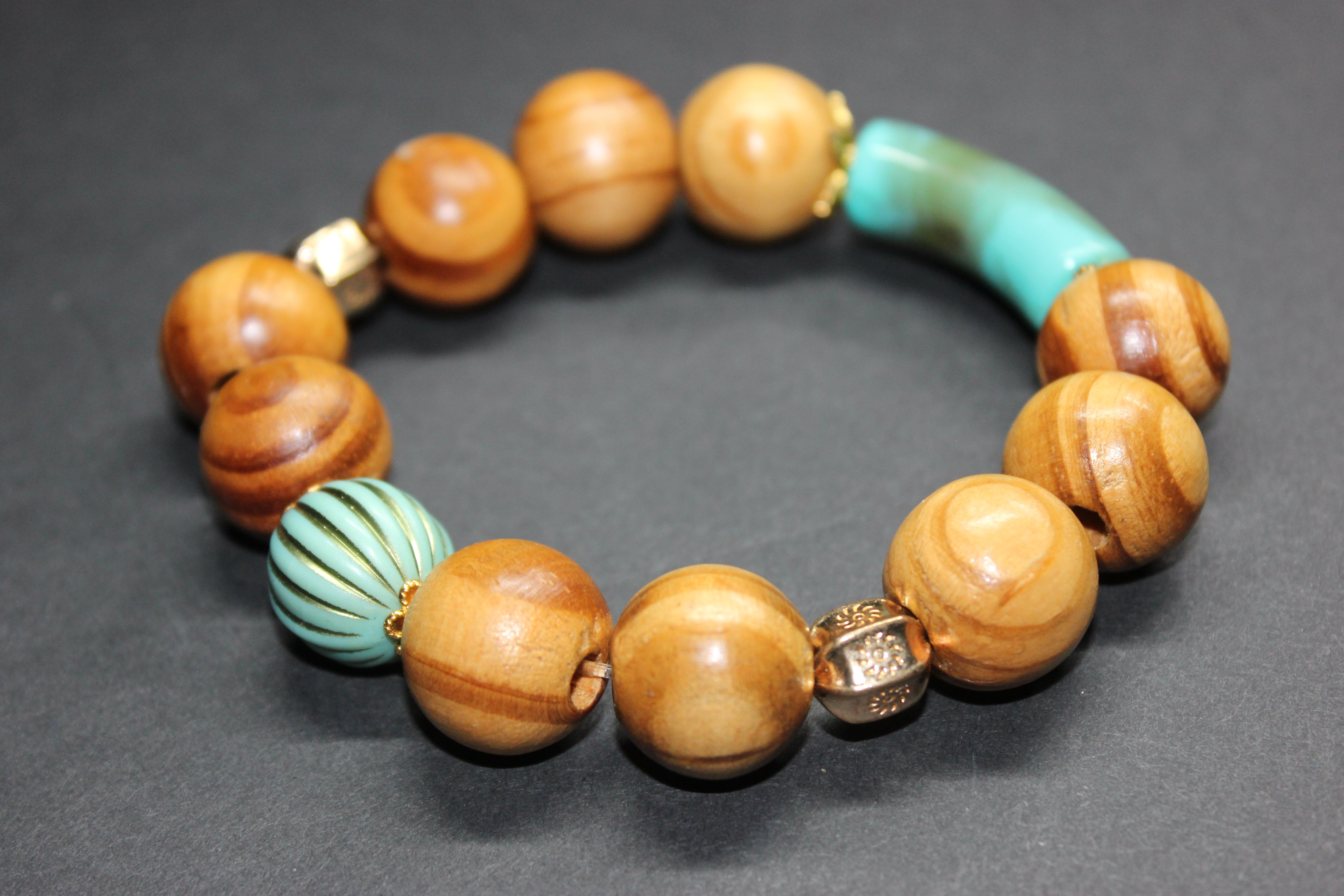 Turquoise W/Gold Wood Beaded Large Bracelet