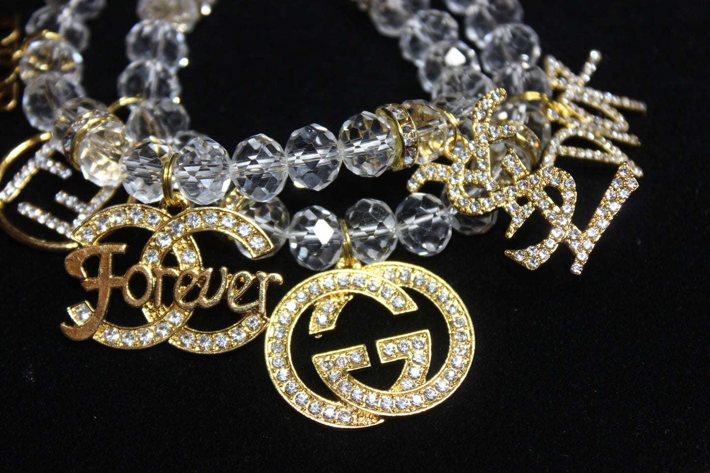 2 Piece Clear & Gold Crystal Charm Bracelet Set