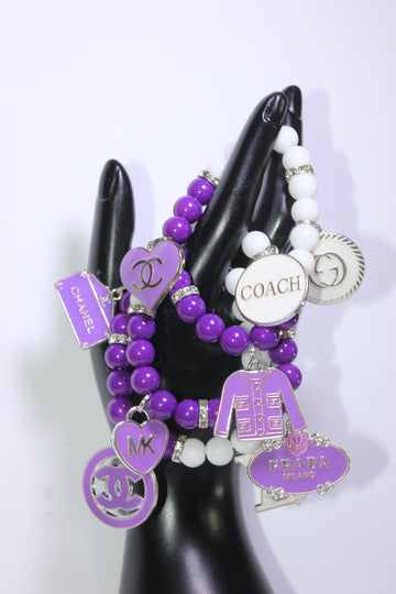 Purple & White w/ Silver 3 Piece Beaded Charm Bracelet Set