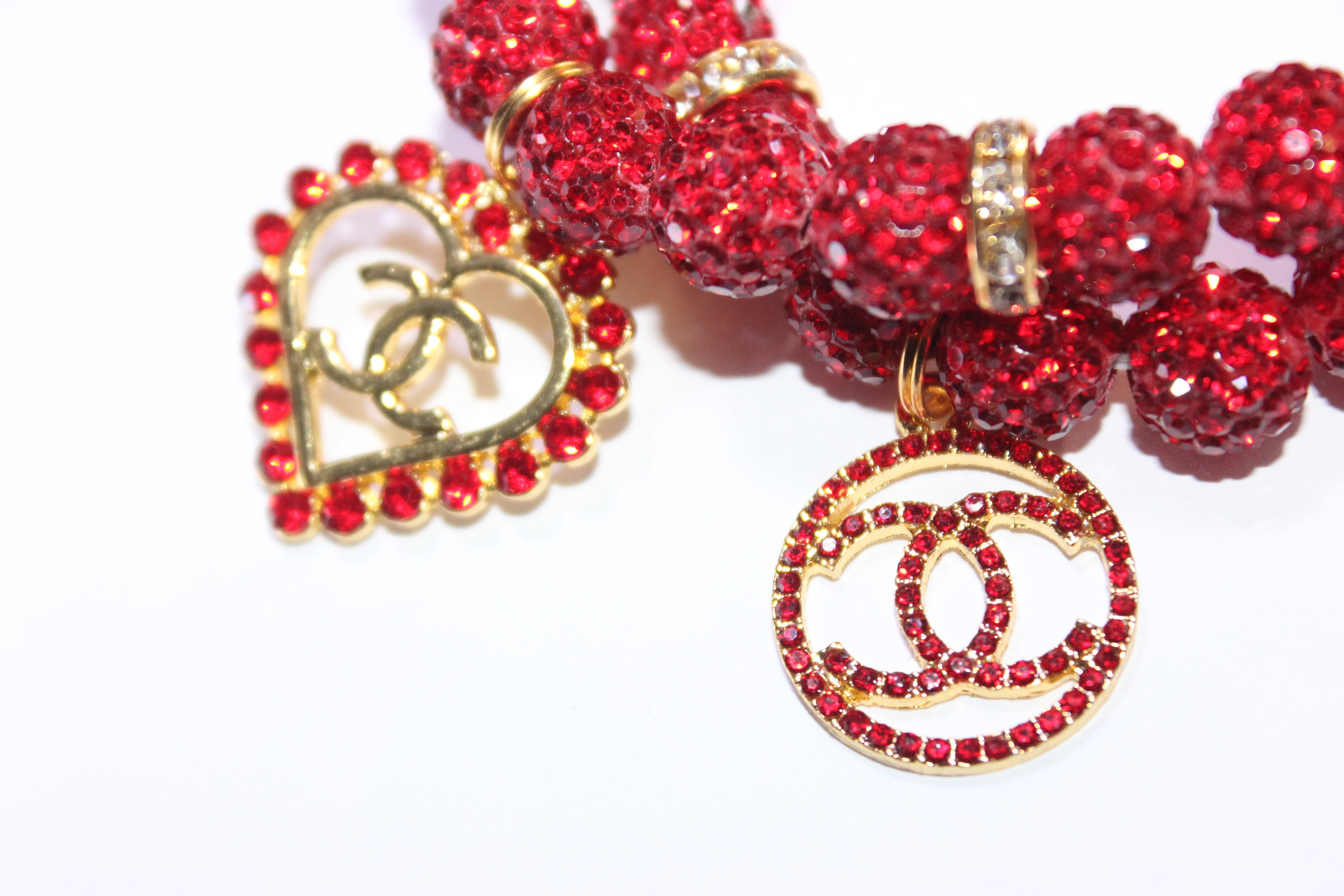 Red & Gold 2 Piece Rhinestone Charm Bracelet Set