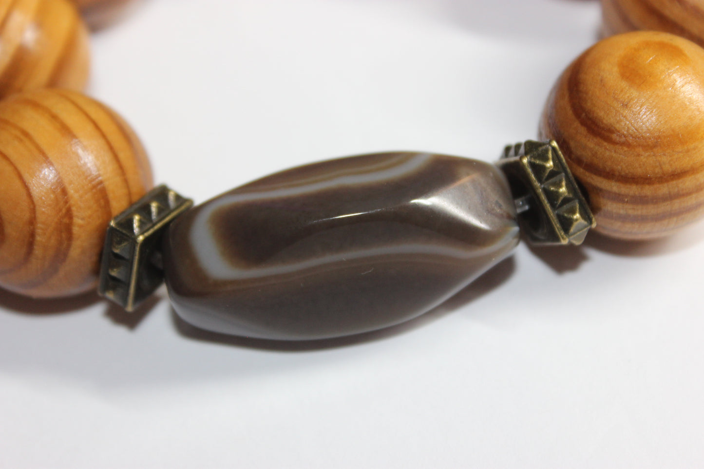 Brown Marble Smooth Stone Large Wood Beaded Bracelet