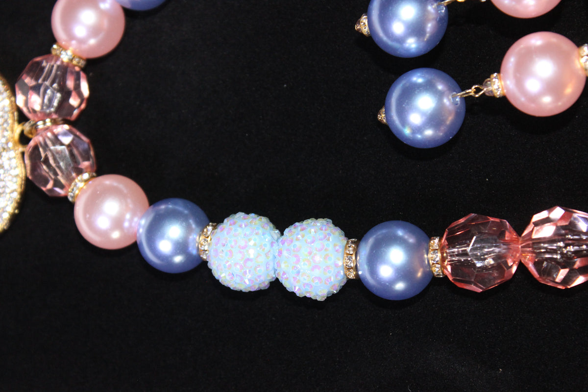 Shades Of Pink & Blue Pearl & Rhinestone Charm Necklace & Earrings Set (GOLD)