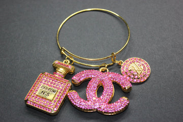 Pink & Gold Rhinestone Charm Bangle Bracelet