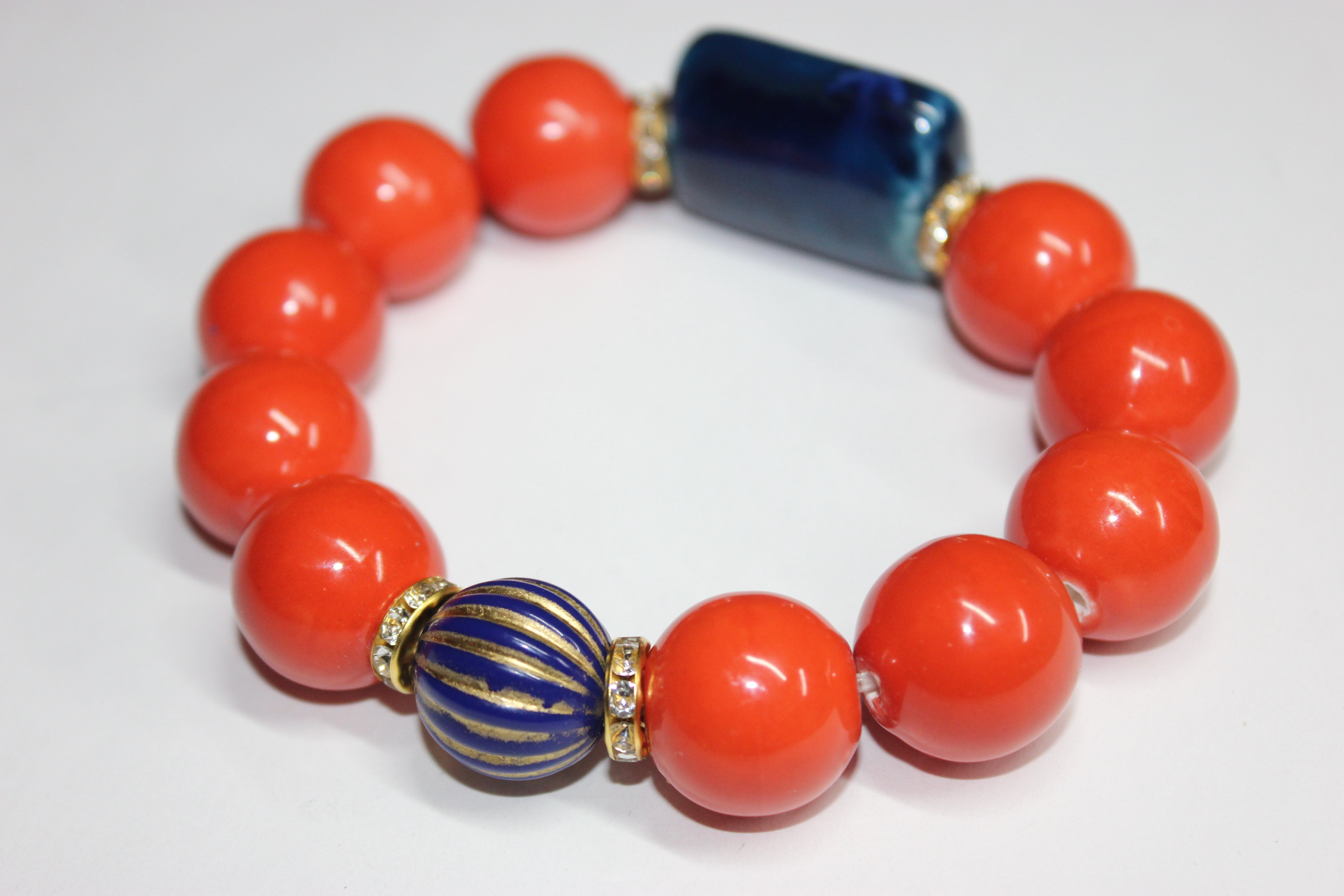 Orange & Blue Ceramic  Glass Gemstone Beaded Bracelet