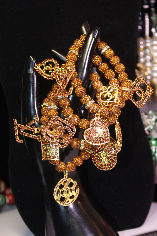 Brown & Gold 4 Piece Rhinestone Charm Bracelet Set