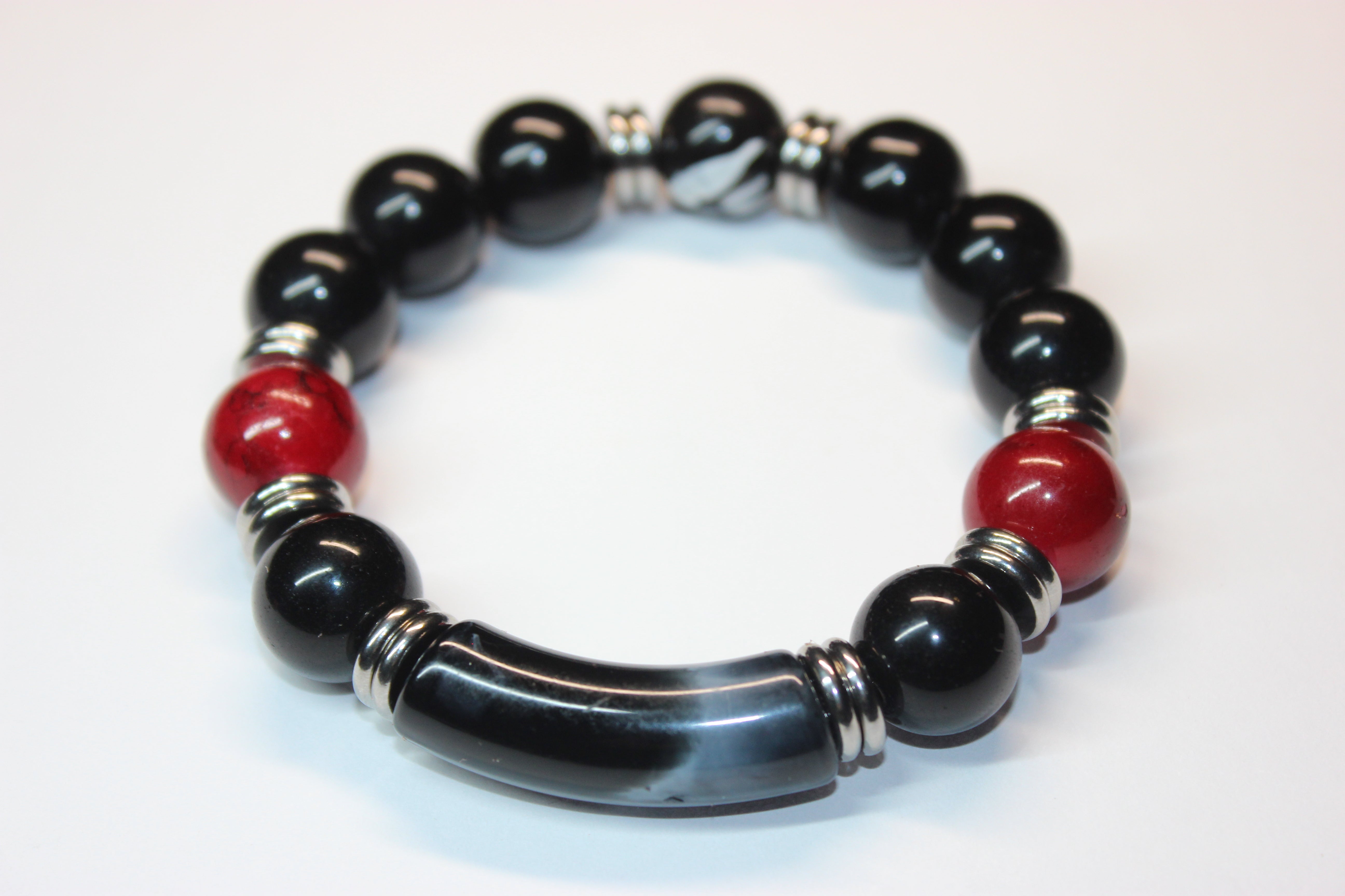 Men’s Black Red & Silver Beaded Bracelet