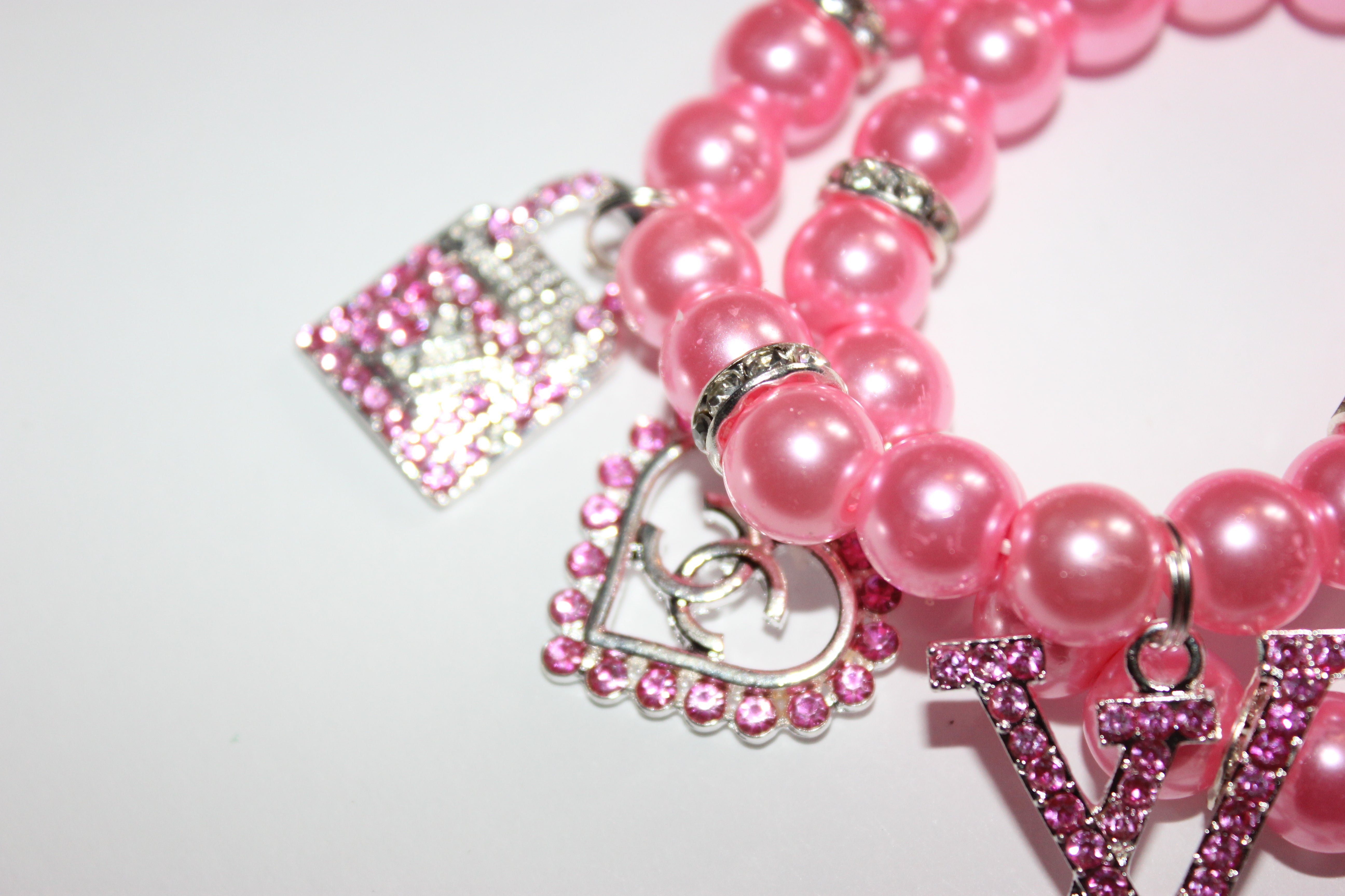 2 Piece Pink & Silver Pearl Charm Bracelet Set w/ Rhinestone Charms