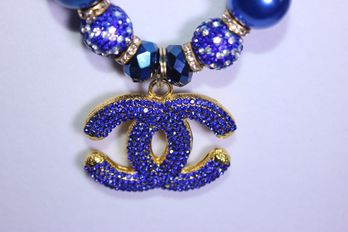 Stonewashed Blue Pearl & Rhinestone Charm Necklace Set with Earrings (Gold)