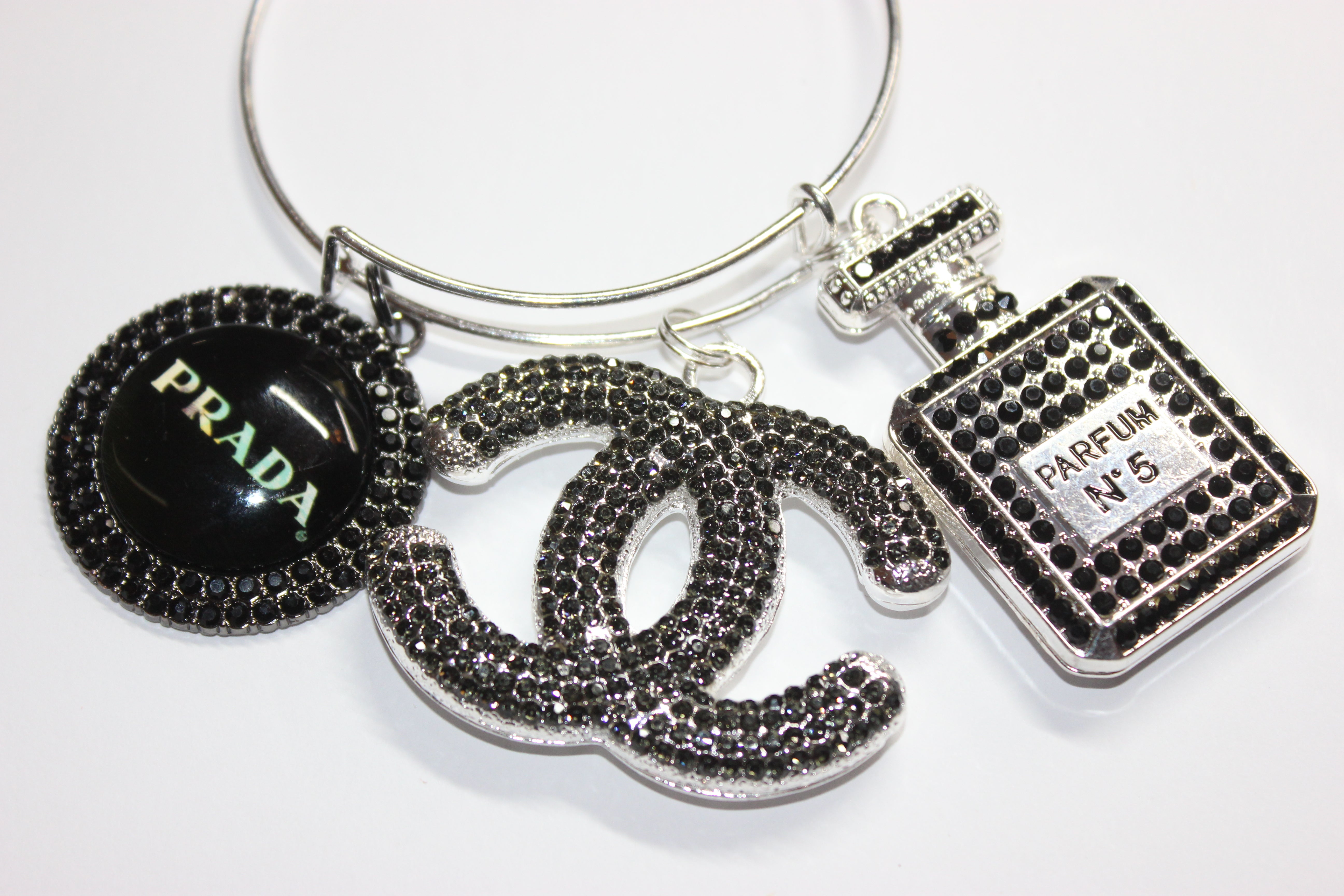 Black & Silver Rhinestone Charm Bangle