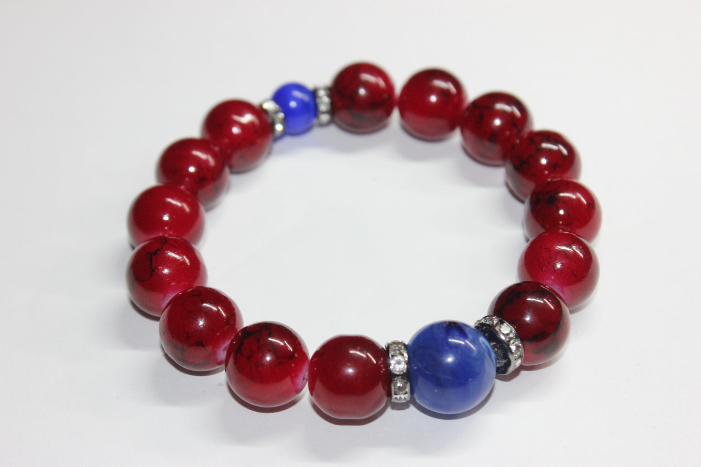 Red & Blue Set In Silver Beaded Bracelet