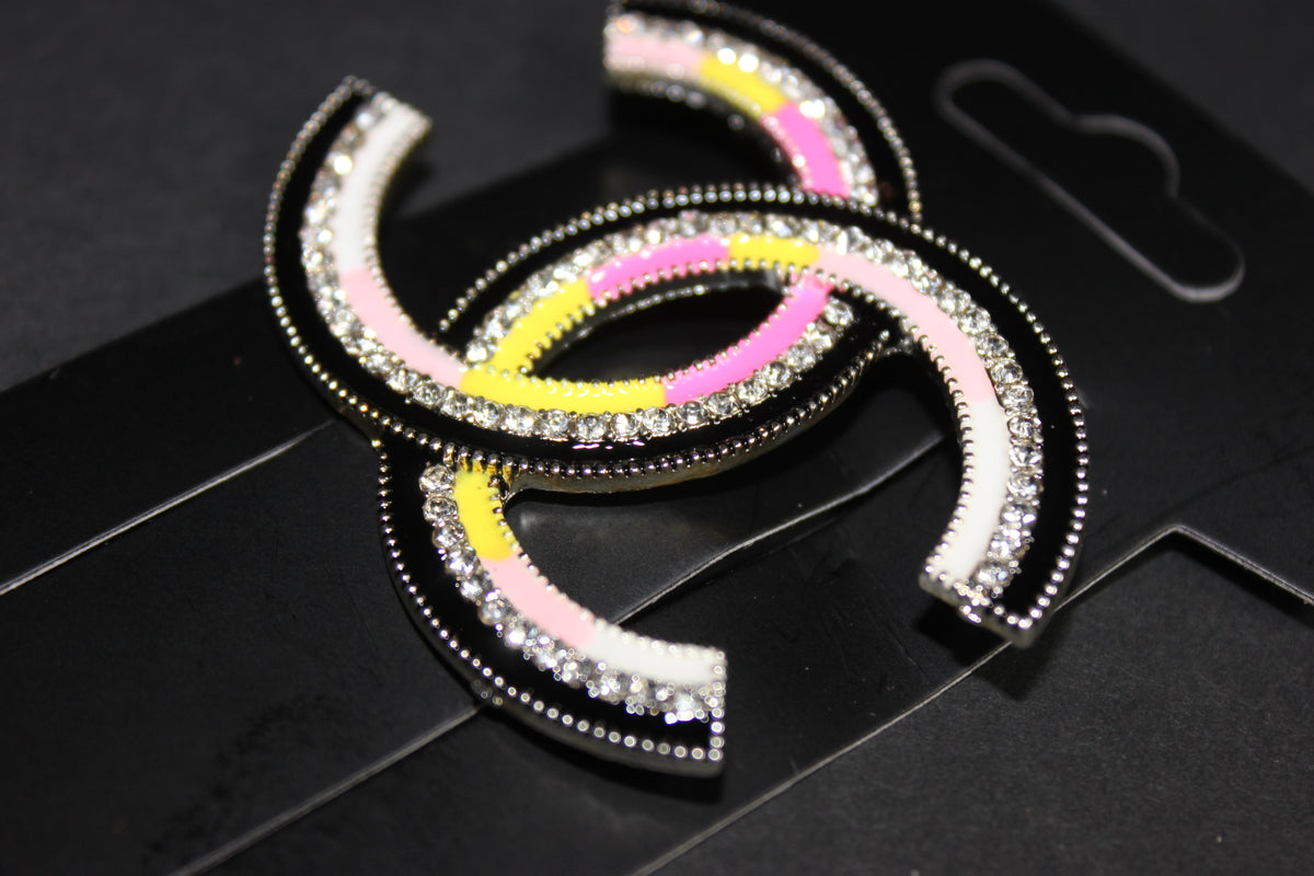 Black/Pink/Yellow/White Rhinestone Brooch Pin w/ SILVER