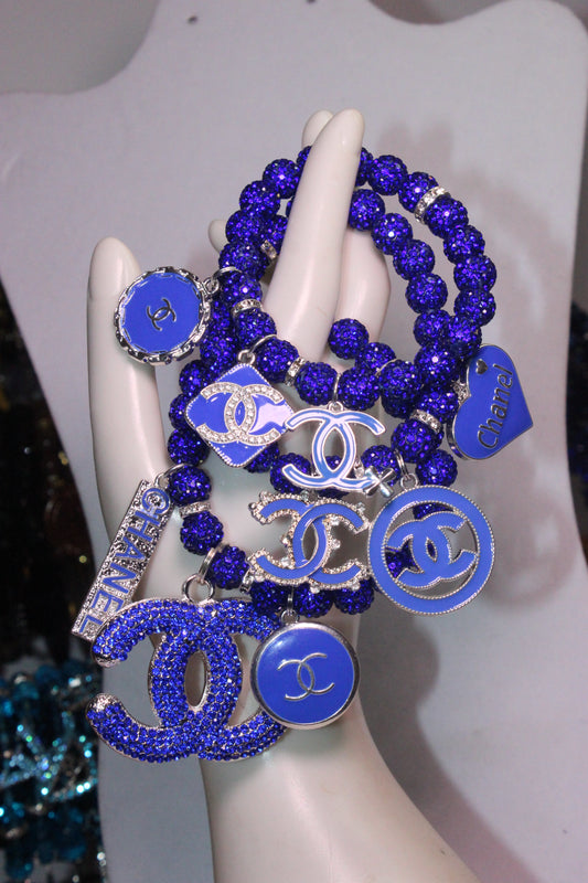 3 Piece Blue Exclusive Rhinestone Charm Bracelet Set