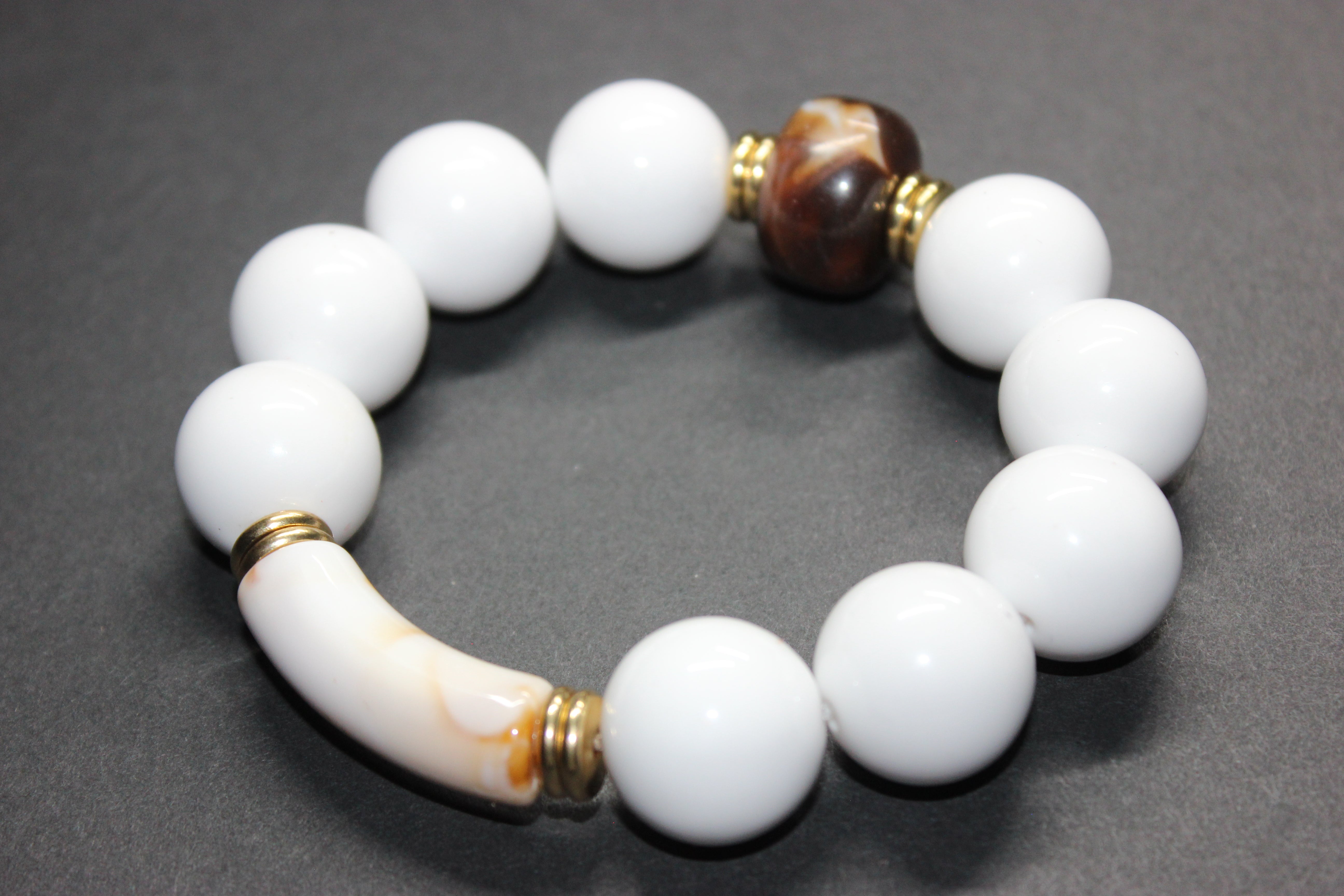 White Brown & Gold Large Beaded Bracelet
