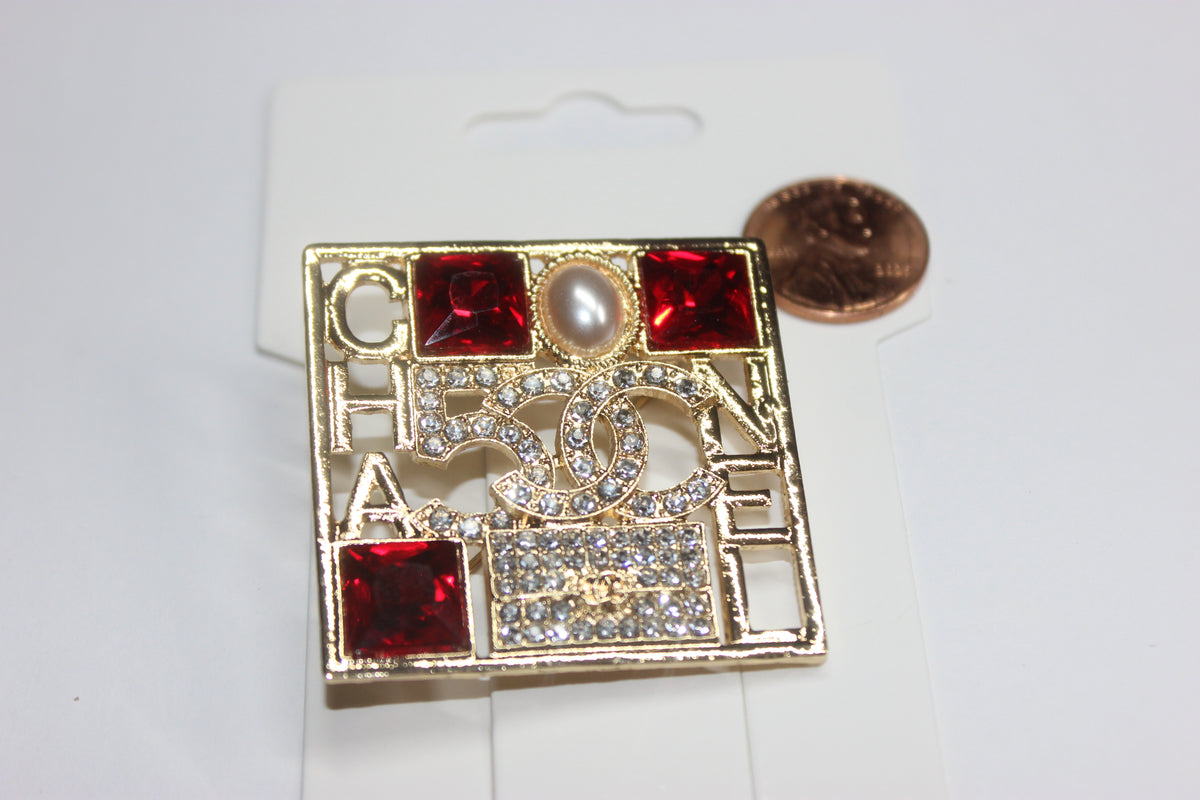 Gold Red & Pearl Brooch Pin