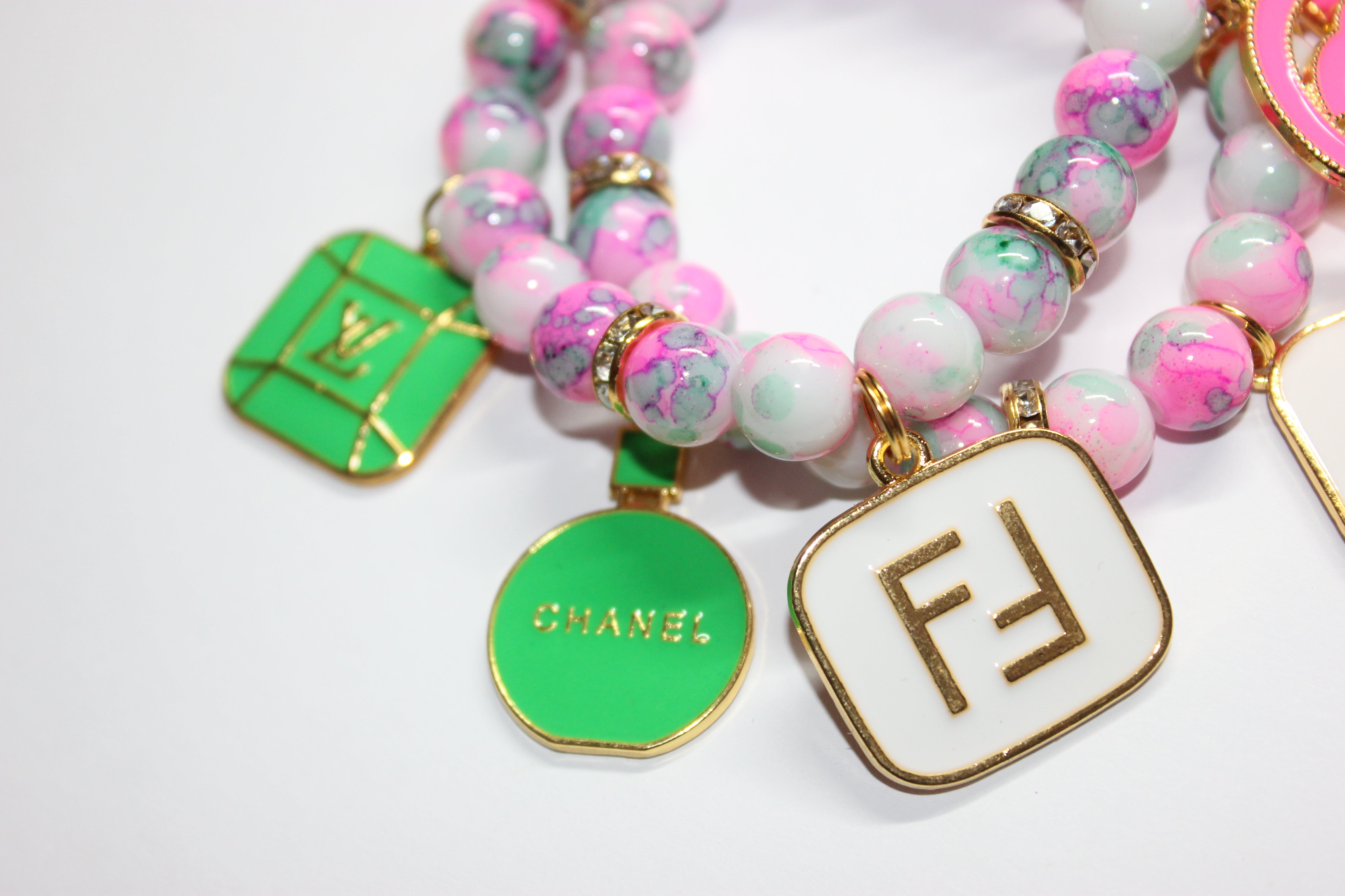 2 Piece White Green & Pink W/ Gold Beaded Charm Bracelet Set