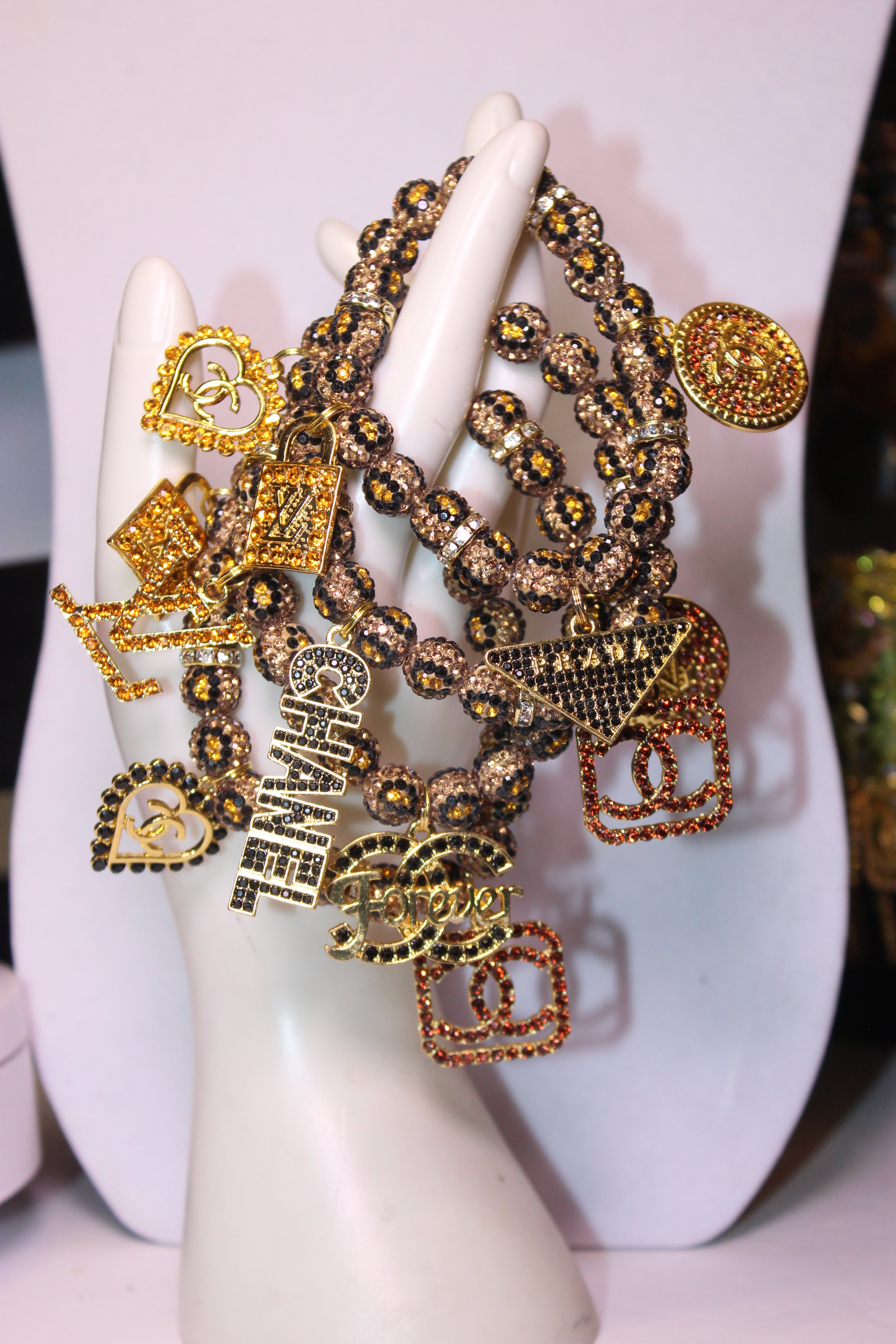 Animal Print 4 Piece Rhinestone Charm Bracelet Set Black/Brown/Gold/Topaz