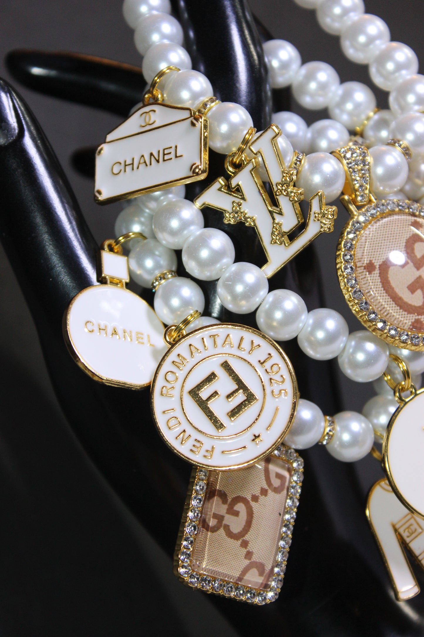 3 Piece White & Gold Pearl Luxury Charm Bracelet Set