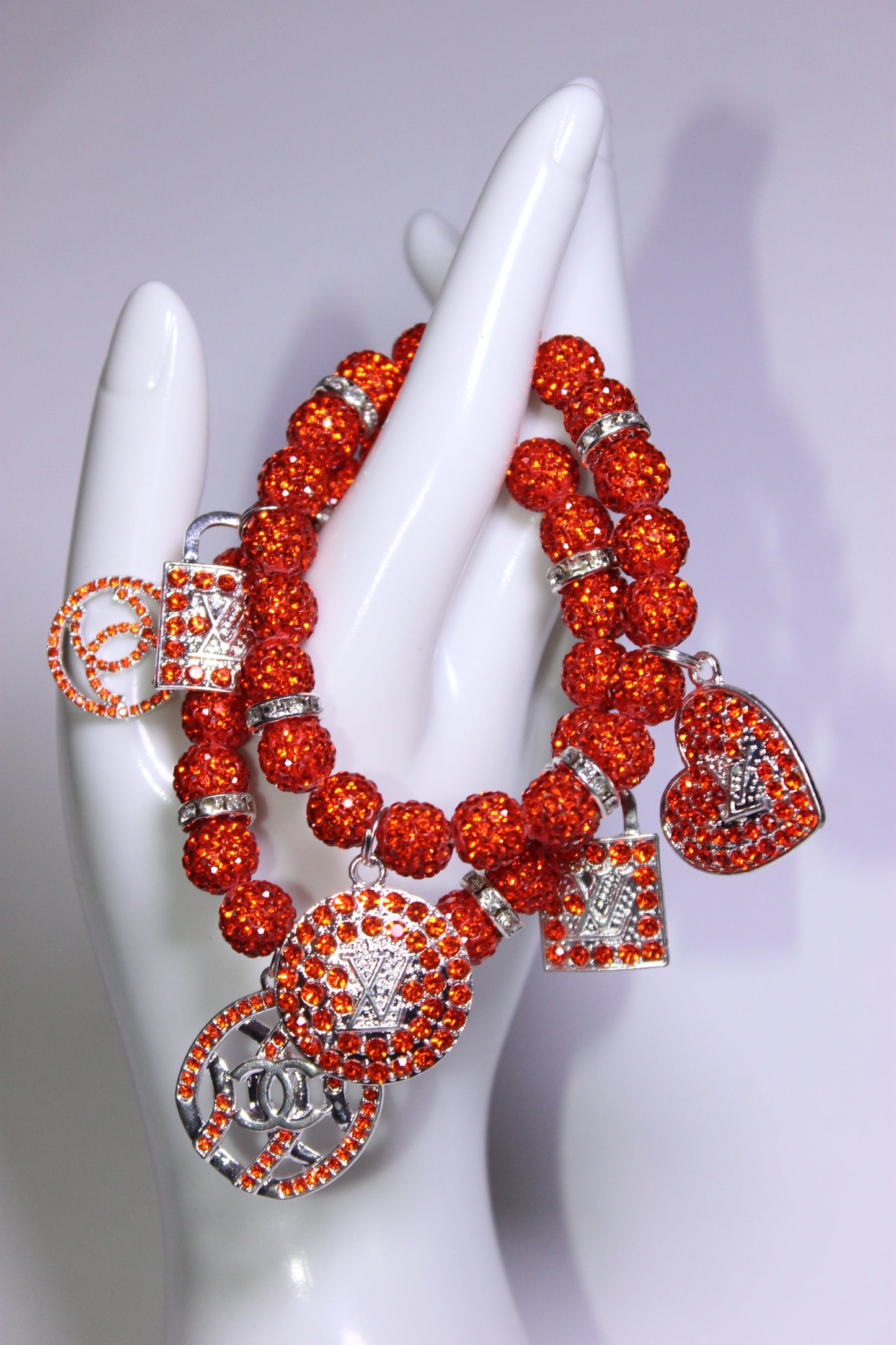 2 Piece Orange Rhinestone Charm Bracelet Set