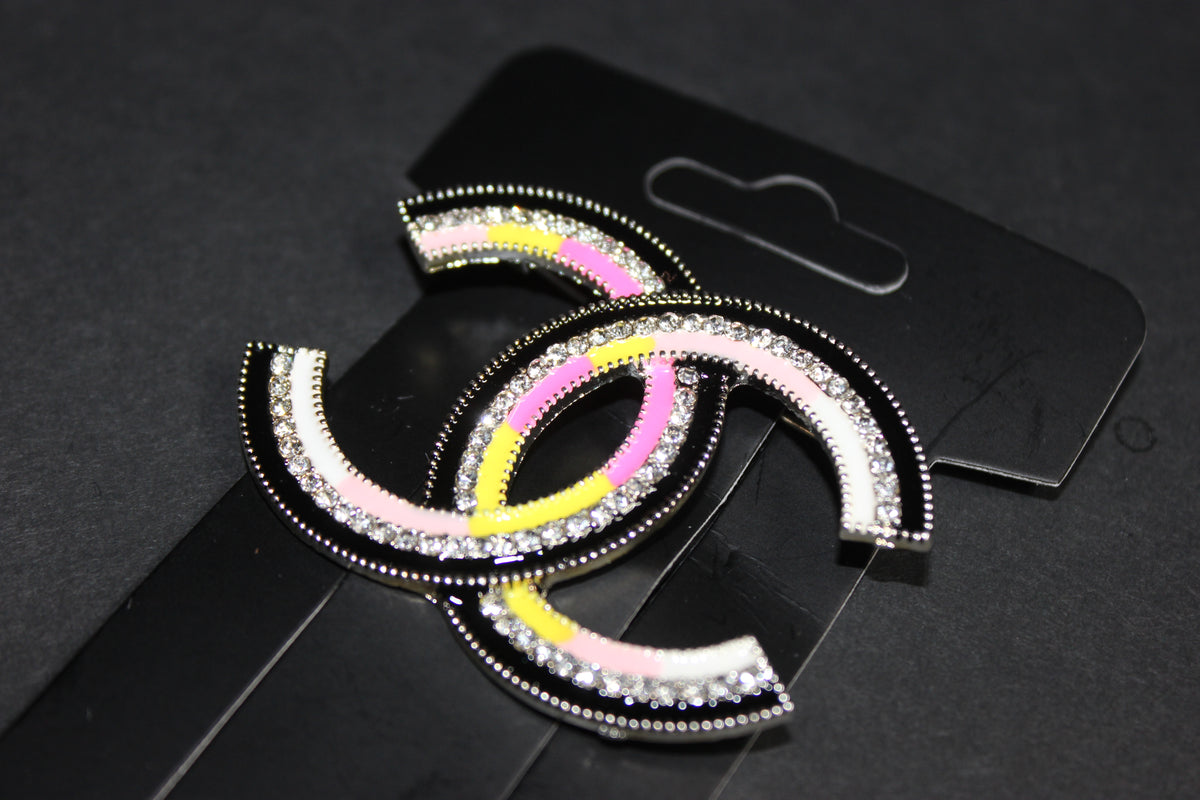 Black/Pink/Yellow/White Rhinestone Brooch Pin w/ SILVER