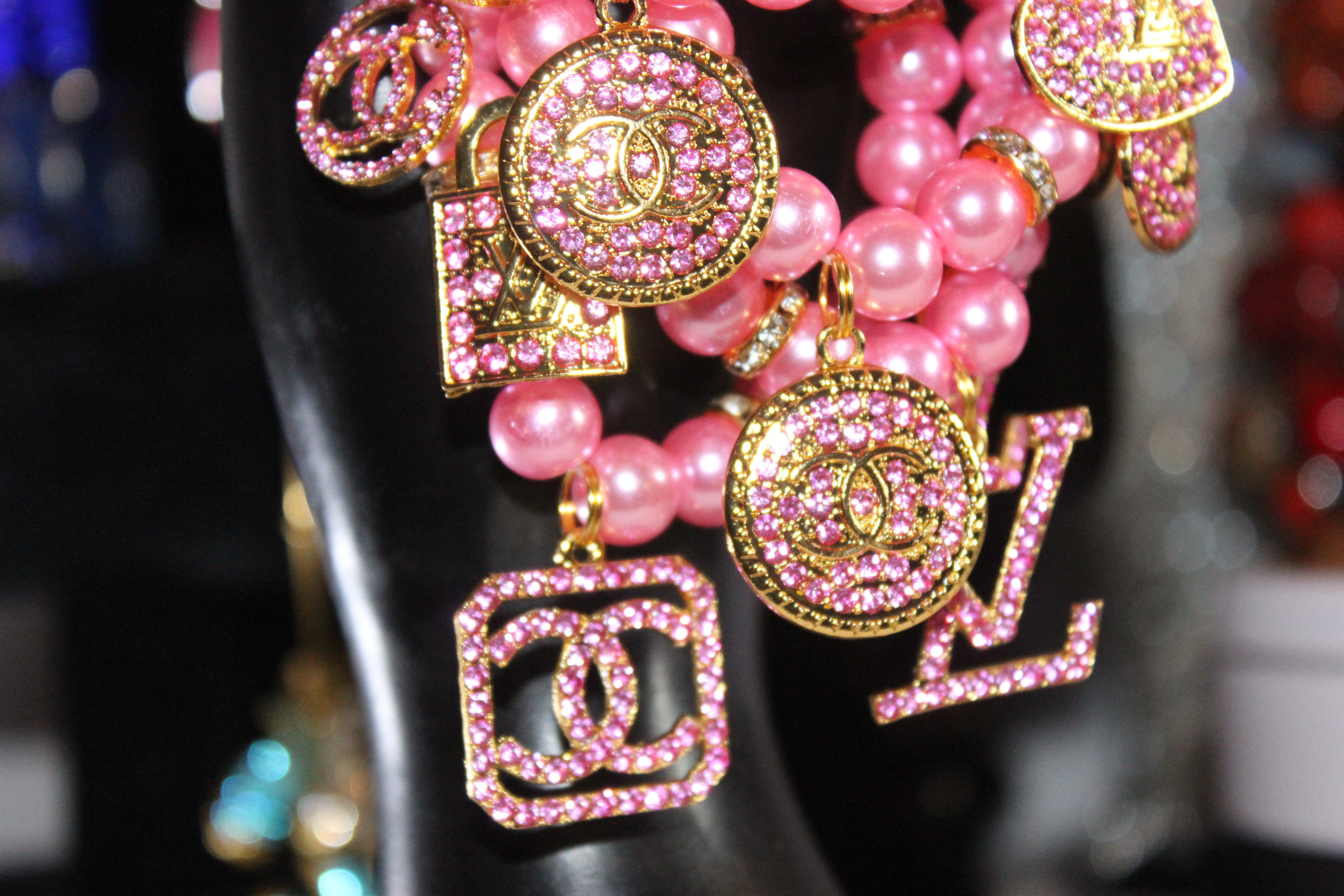 Pink & Gold 4 Piece Charm Bracelet Set w/ Rhinestone Charms