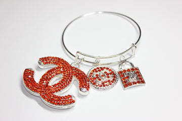 Orange & Silver Rhinestone Charm Bangle