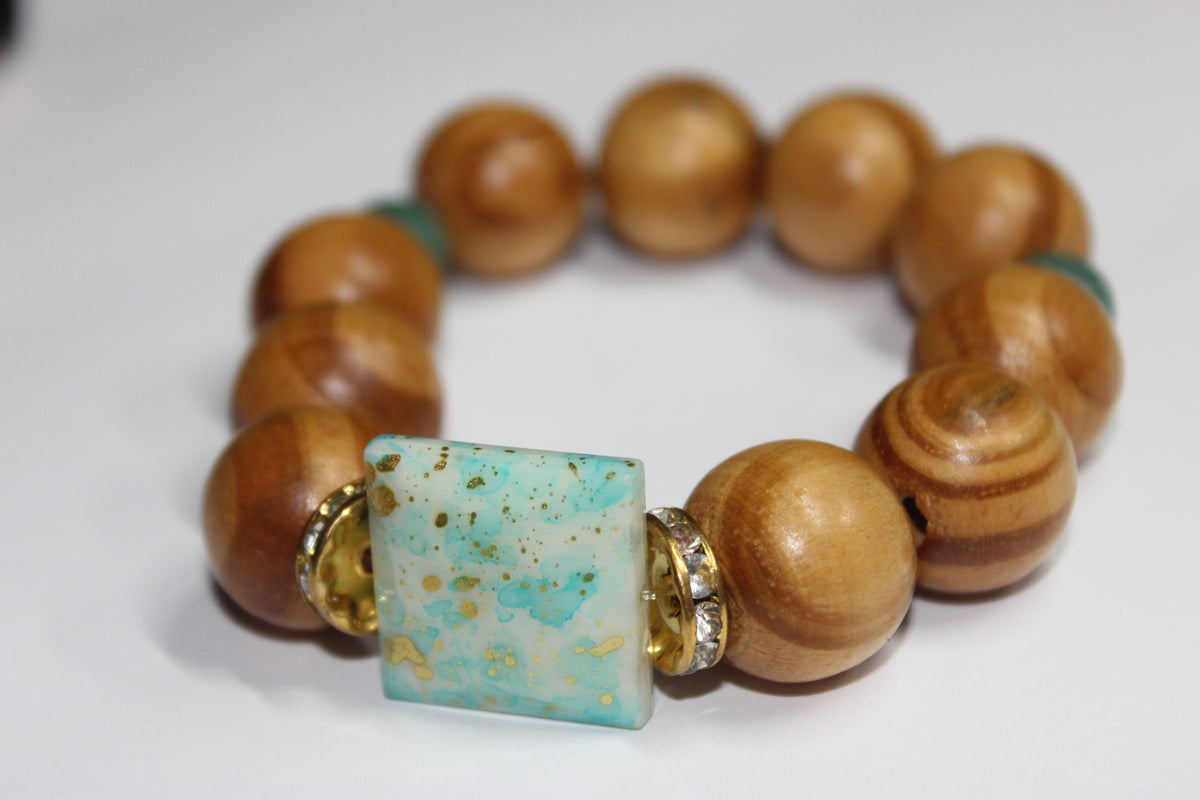 Wood Shades Of Turquoise with Gold Bracelet