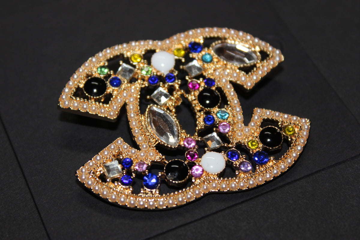 Gold Colorful Rhinestone with Pearl Brooch Pin